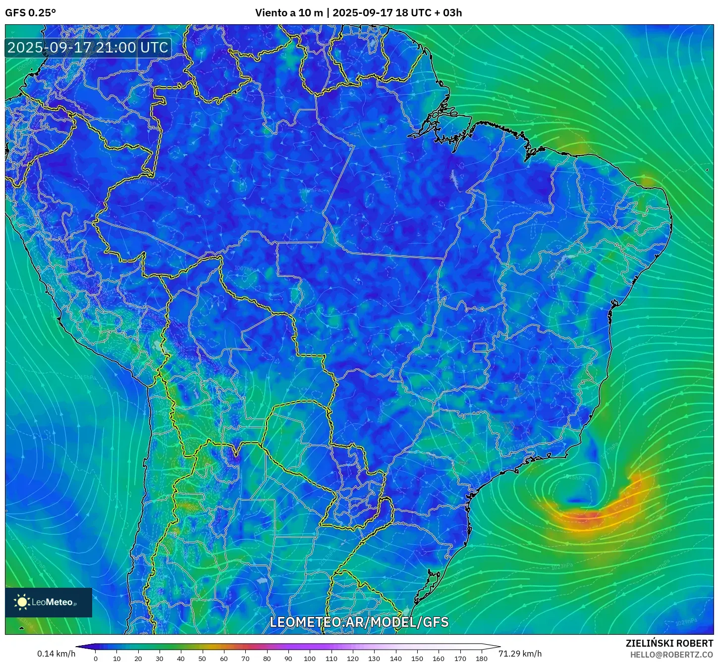 GFS model - Brasil, Viento a 10 m GFS model - Brasil, Viento a 10 m