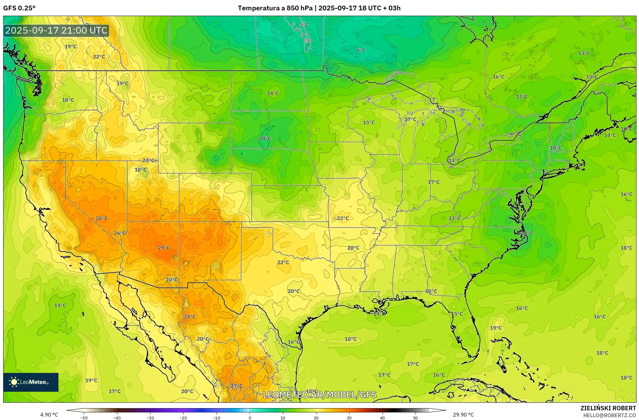 GFS model - Estados Unidos, Temperatura a 850 hPa