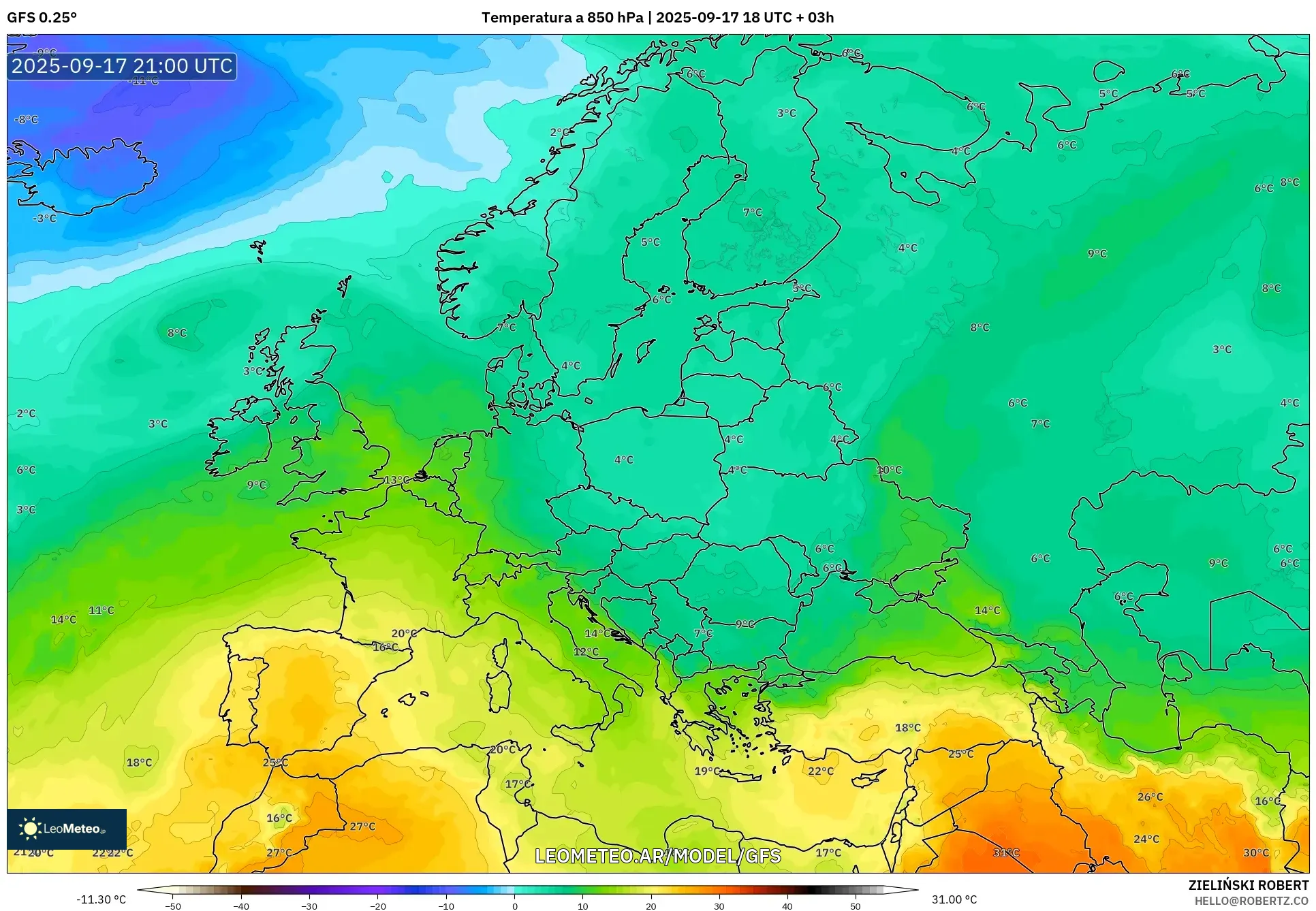 GFS model - Europa, Temperatura a 850 hPa GFS model - Europa, Temperatura a 850 hPa
