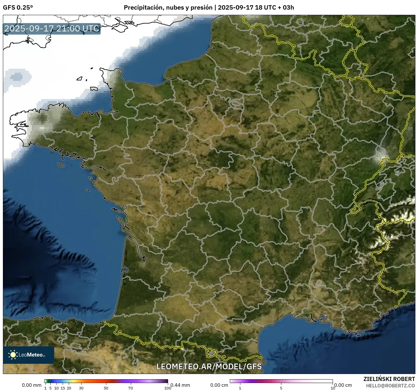 GFS model - Francia, Precipitación, nubes y presión