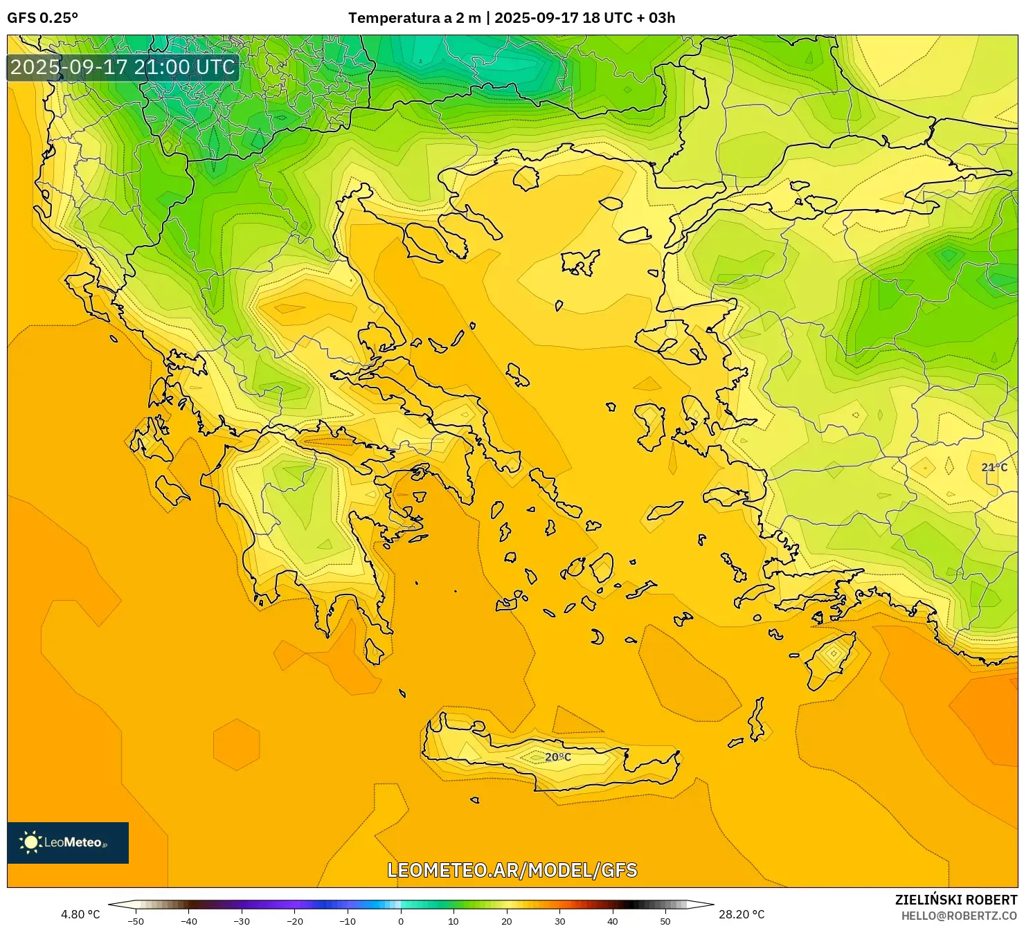 GFS model - Grecia, Temperatura a 2 m