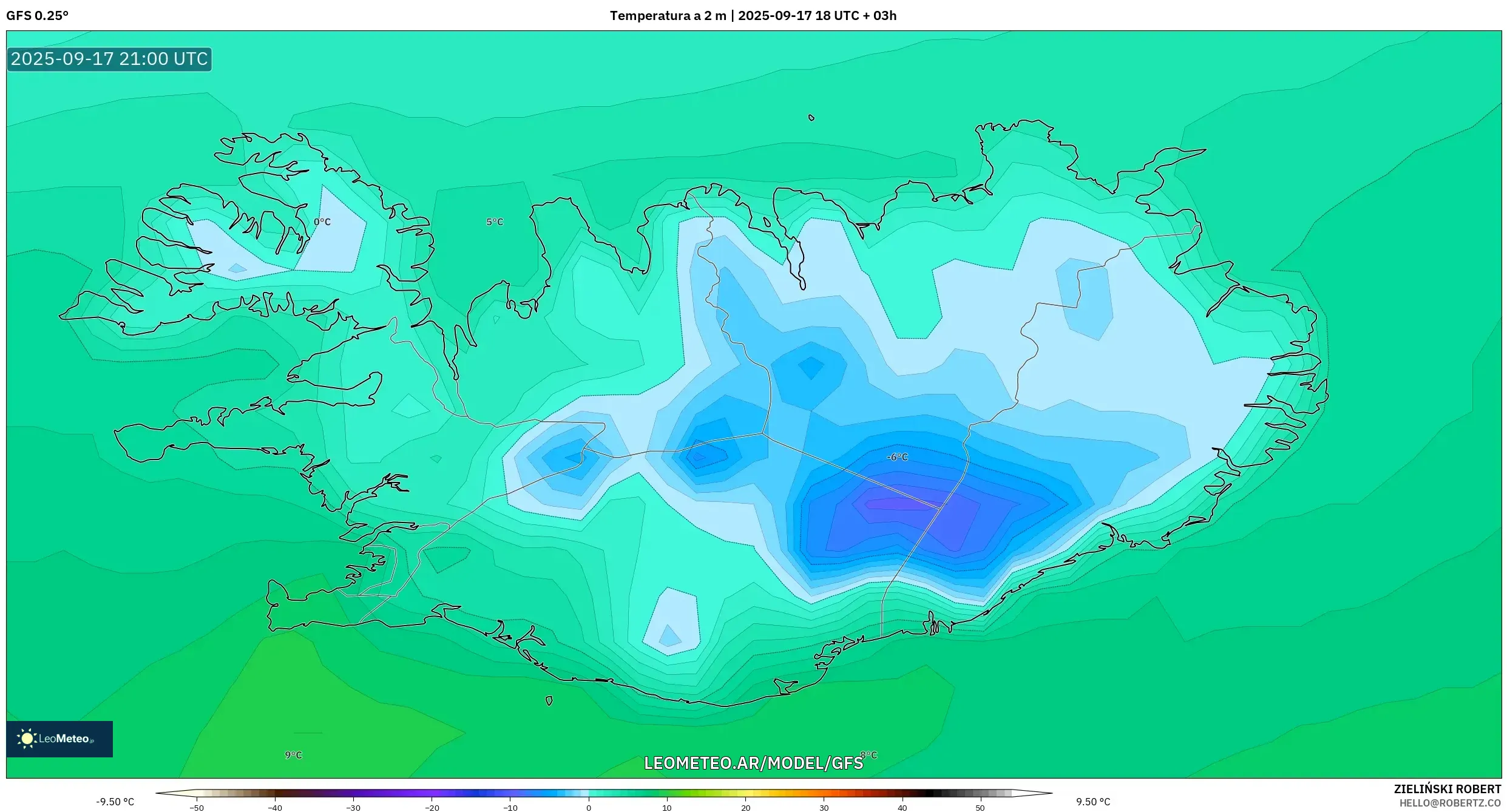 GFS model - Islandia, Temperatura a 2 m