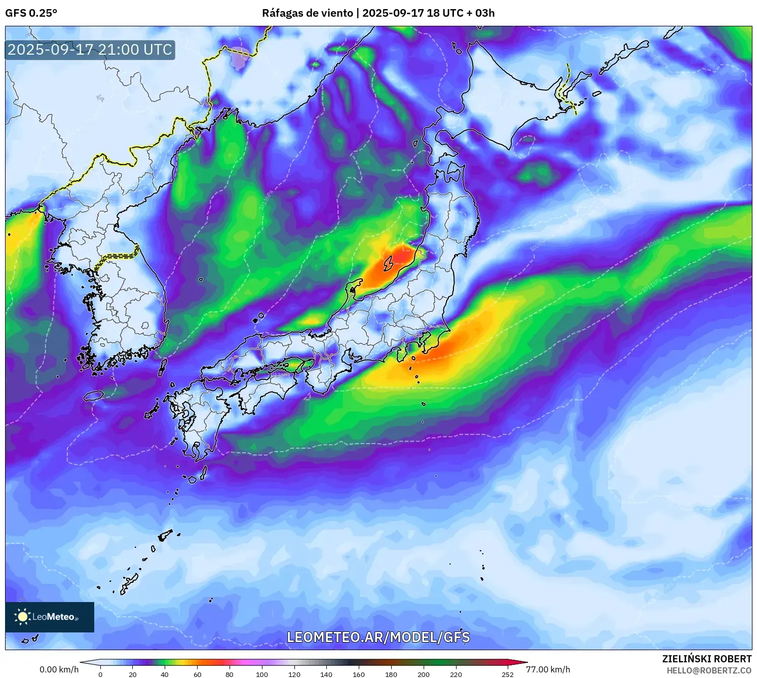 GFS model - Japón, Ráfagas de viento