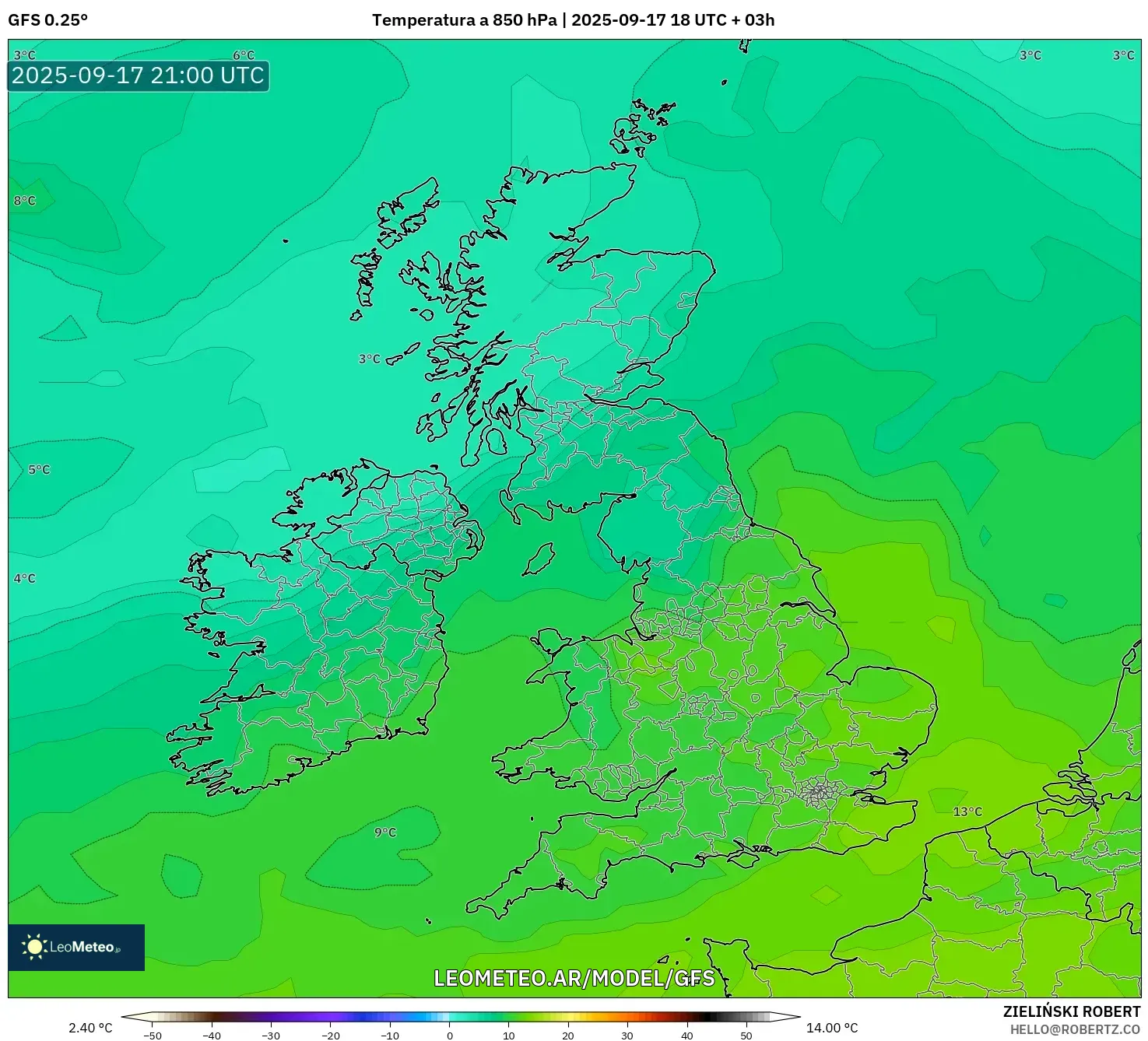 GFS model - Reino Unido, Temperatura a 850 hPa