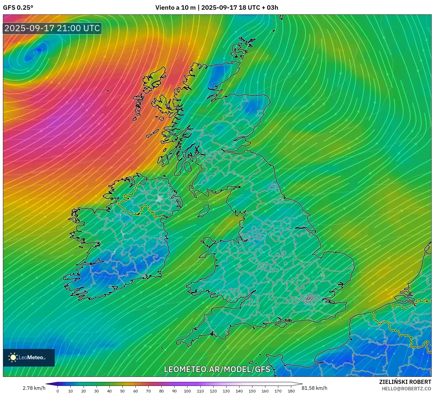GFS model - Reino Unido, Viento a 10 m
