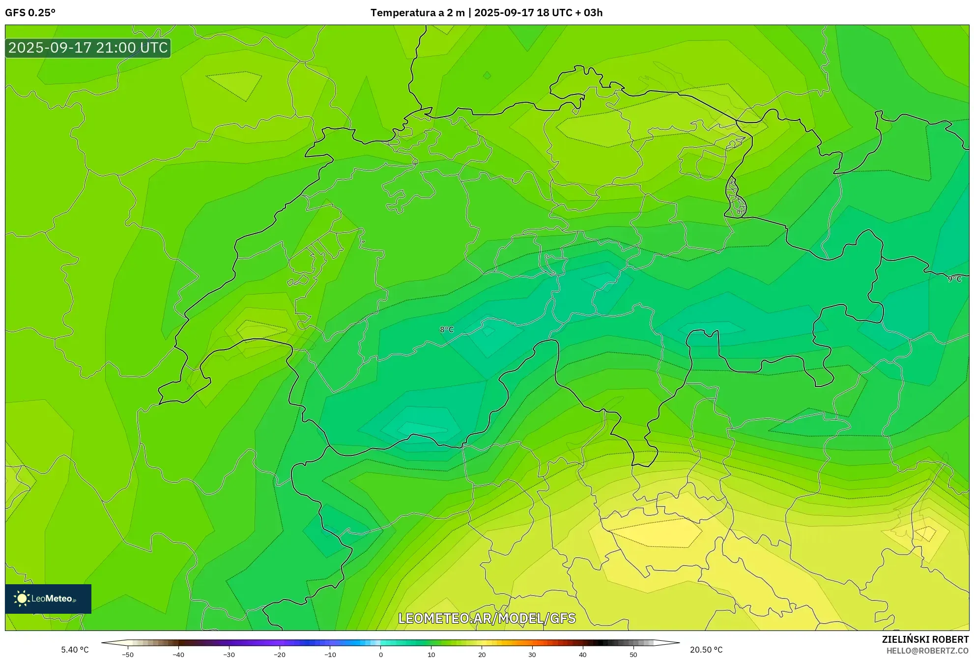 GFS model - Suiza, Temperatura a 2 m