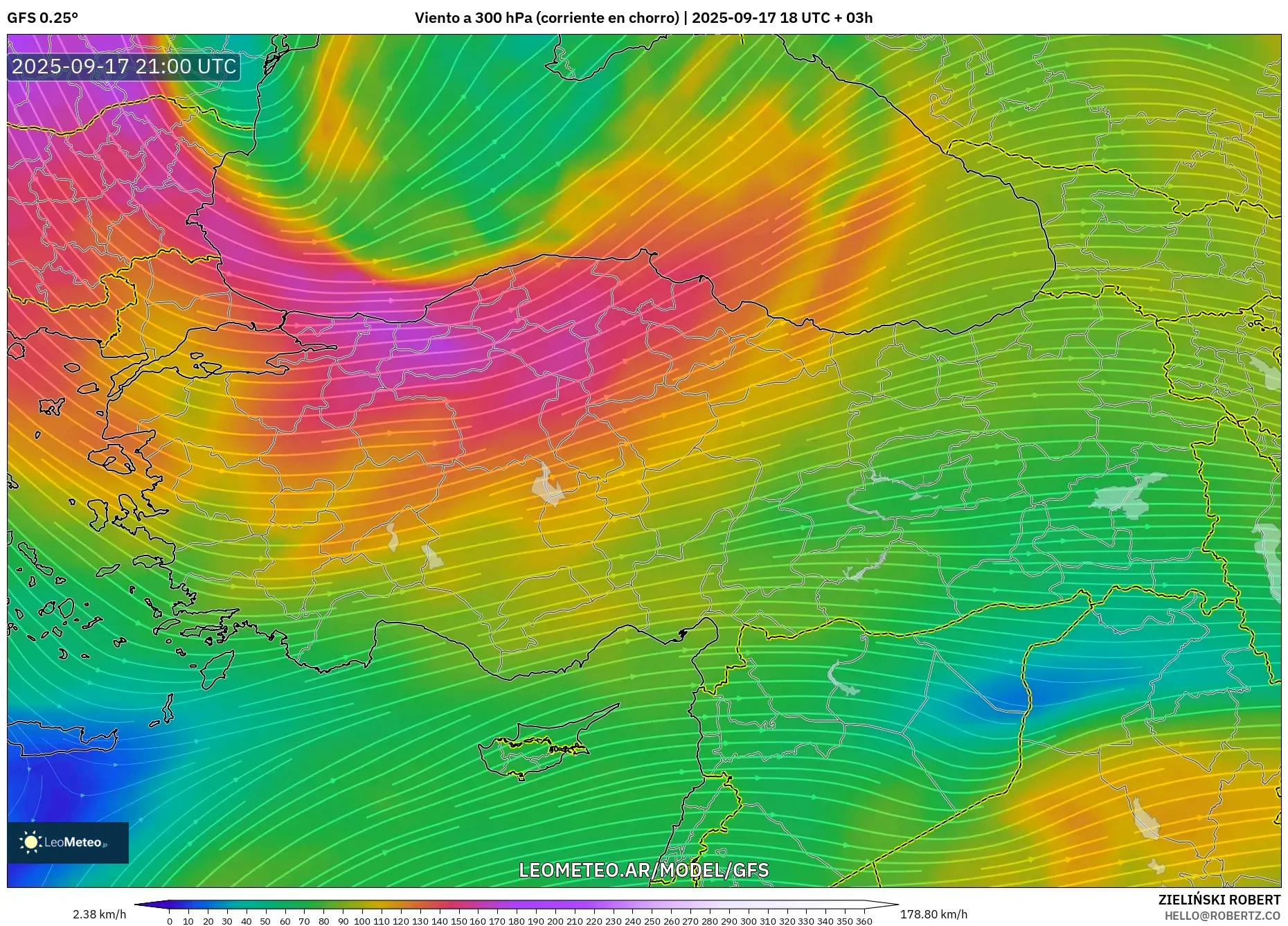 GFS model - Turquía, Viento a 300 hPa (corriente en chorro)