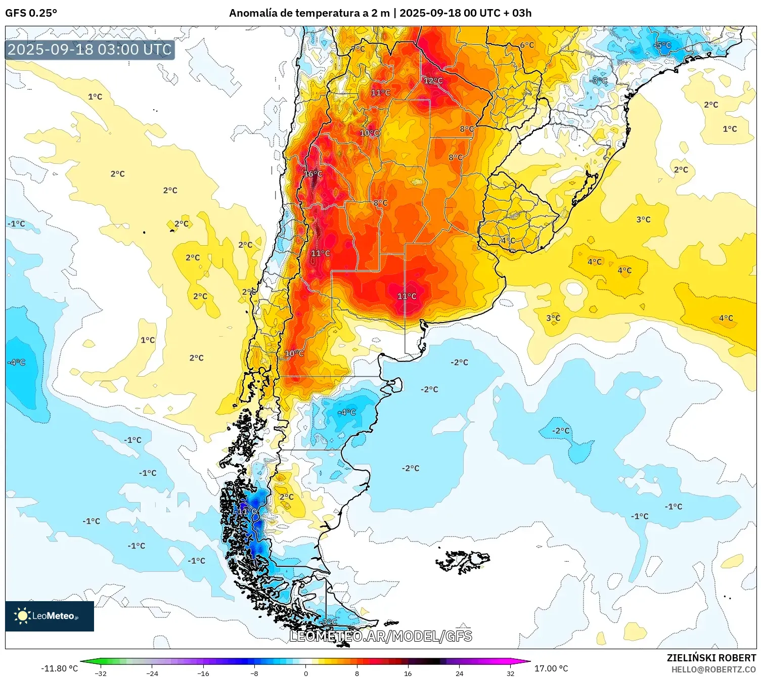 GFS model - Argentina, Anomalía de temperatura a 2 m