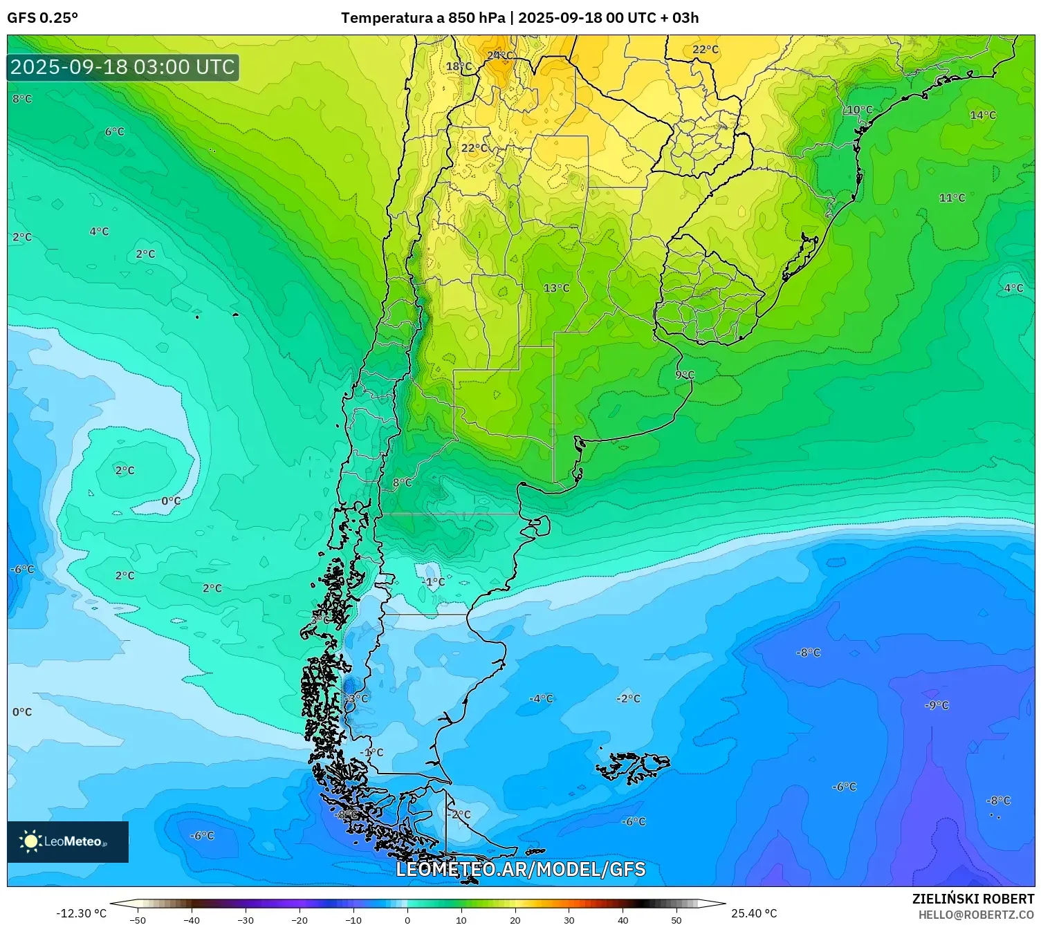 GFS model - Argentina, Temperatura a 850 hPa GFS model - Argentina, Temperatura a 850 hPa