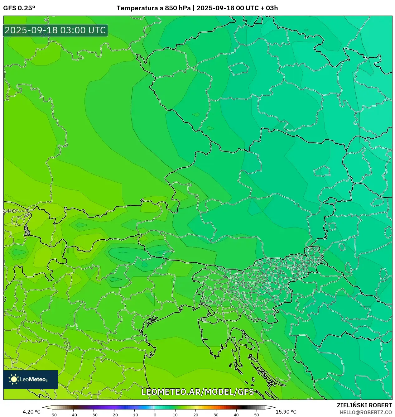 GFS model - Austria, Temperatura a 850 hPa