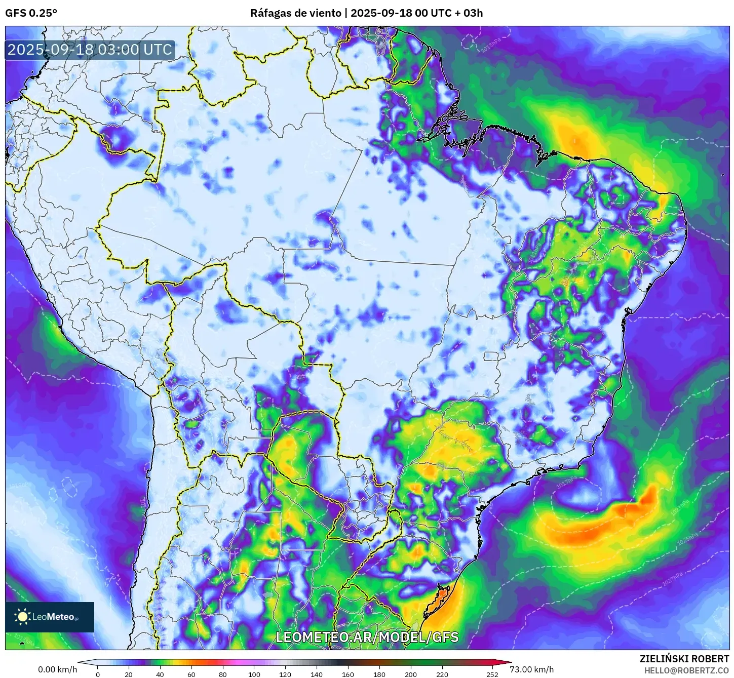 GFS model - Brasil, Ráfagas de viento GFS model - Brasil, Ráfagas de viento