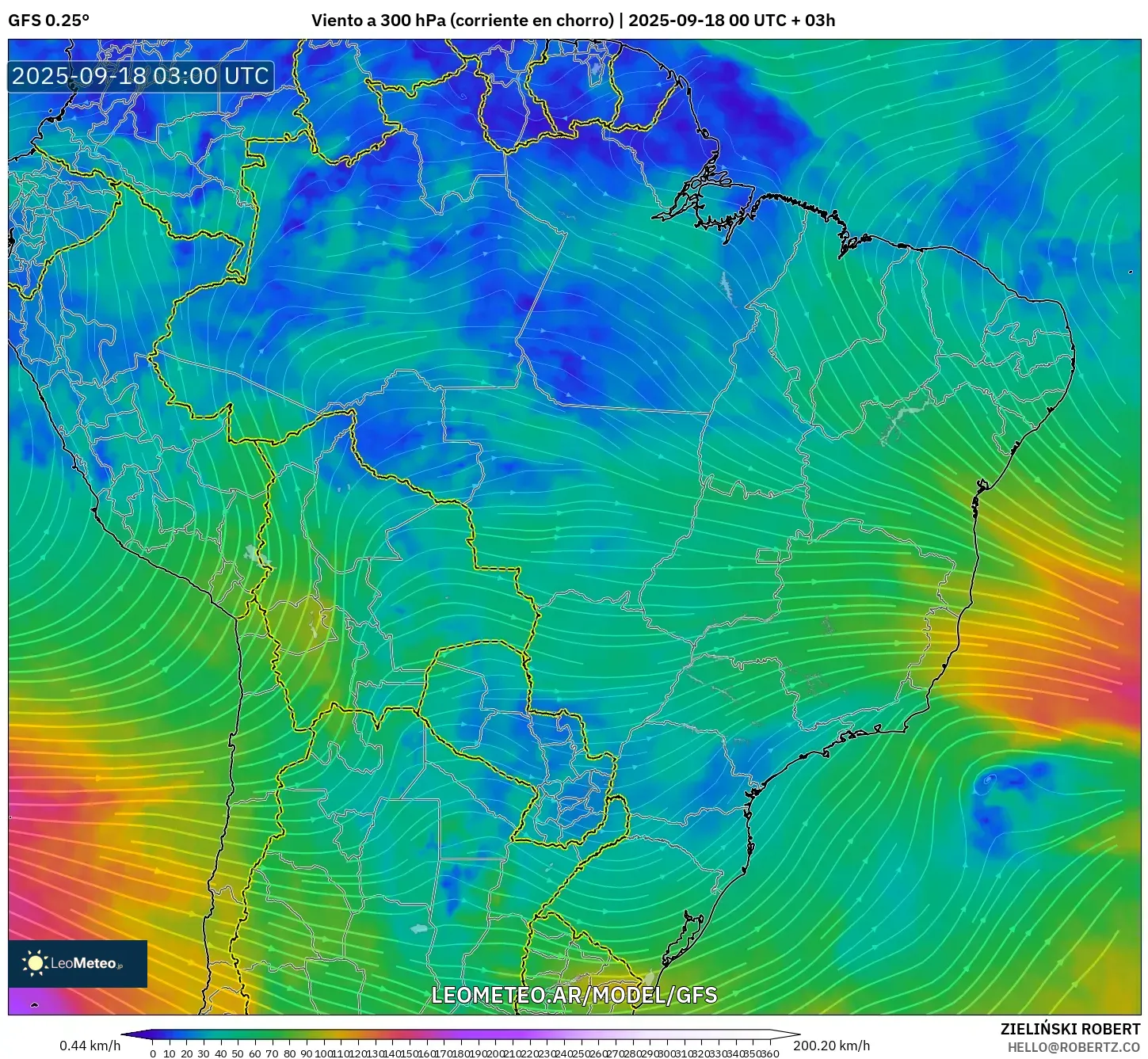 GFS model - Brasil, Viento a 300 hPa (corriente en chorro)