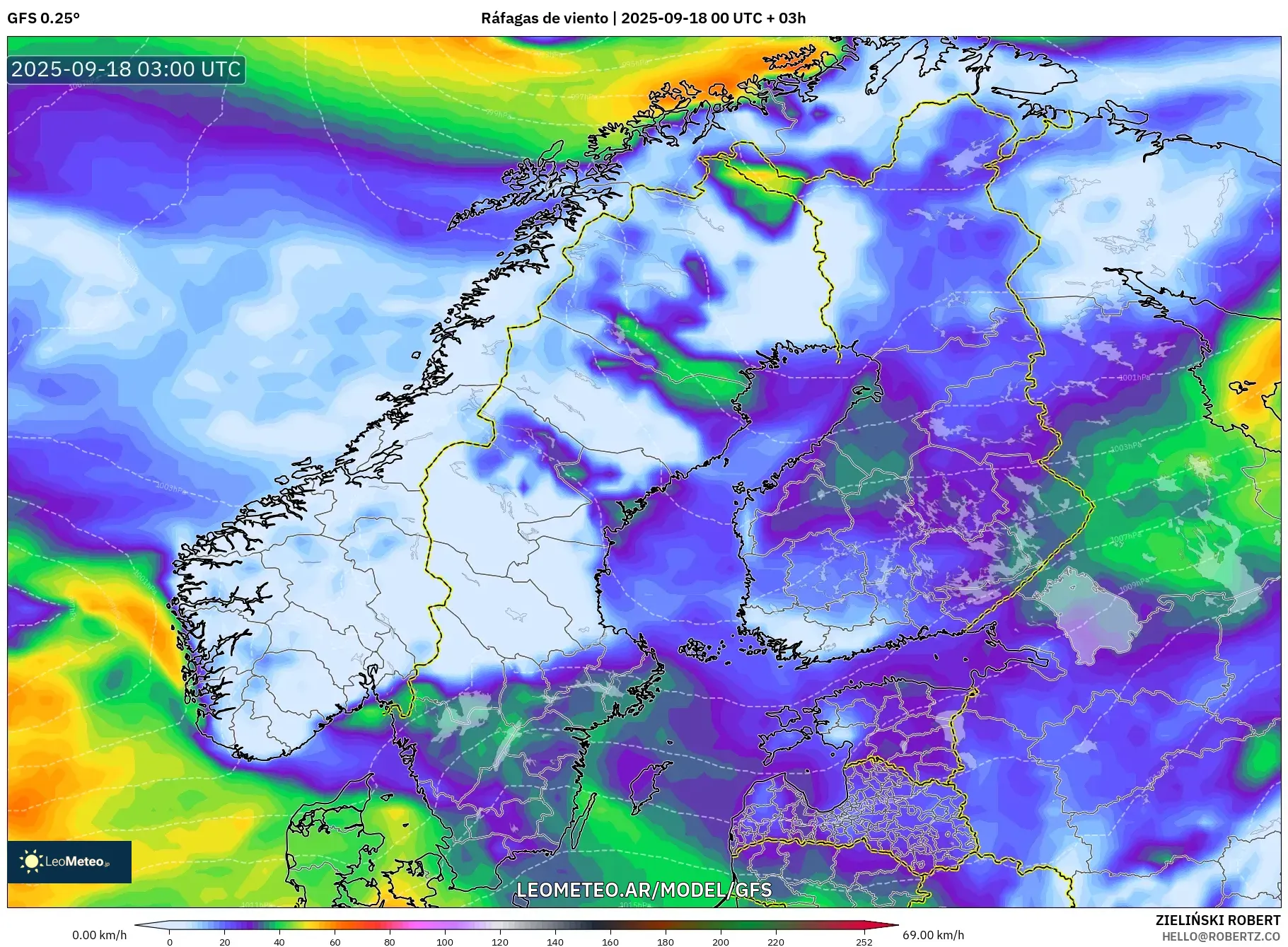 GFS model - Escandinavia, Ráfagas de viento