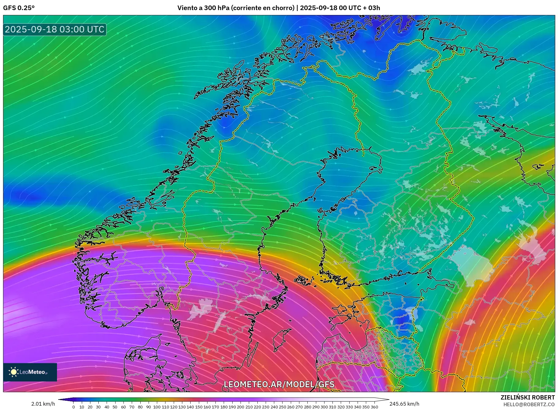 GFS model - Escandinavia, Viento a 300 hPa (corriente en chorro)