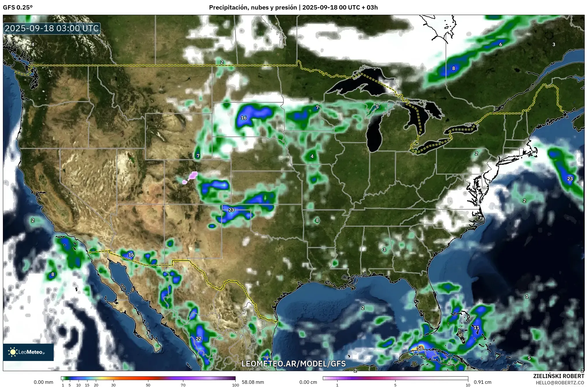 GFS model - Estados Unidos, Precipitación, nubes y presión