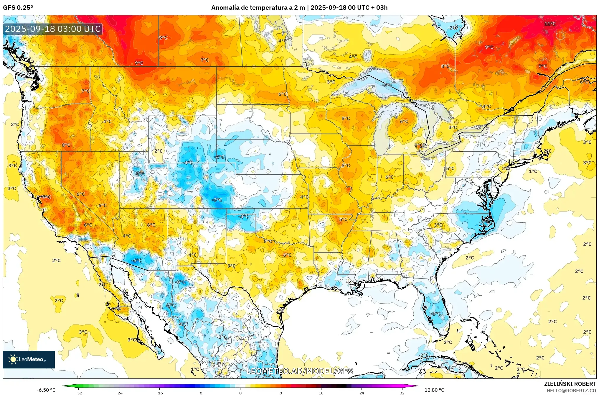 GFS model - Estados Unidos, Anomalía de temperatura a 2 m
