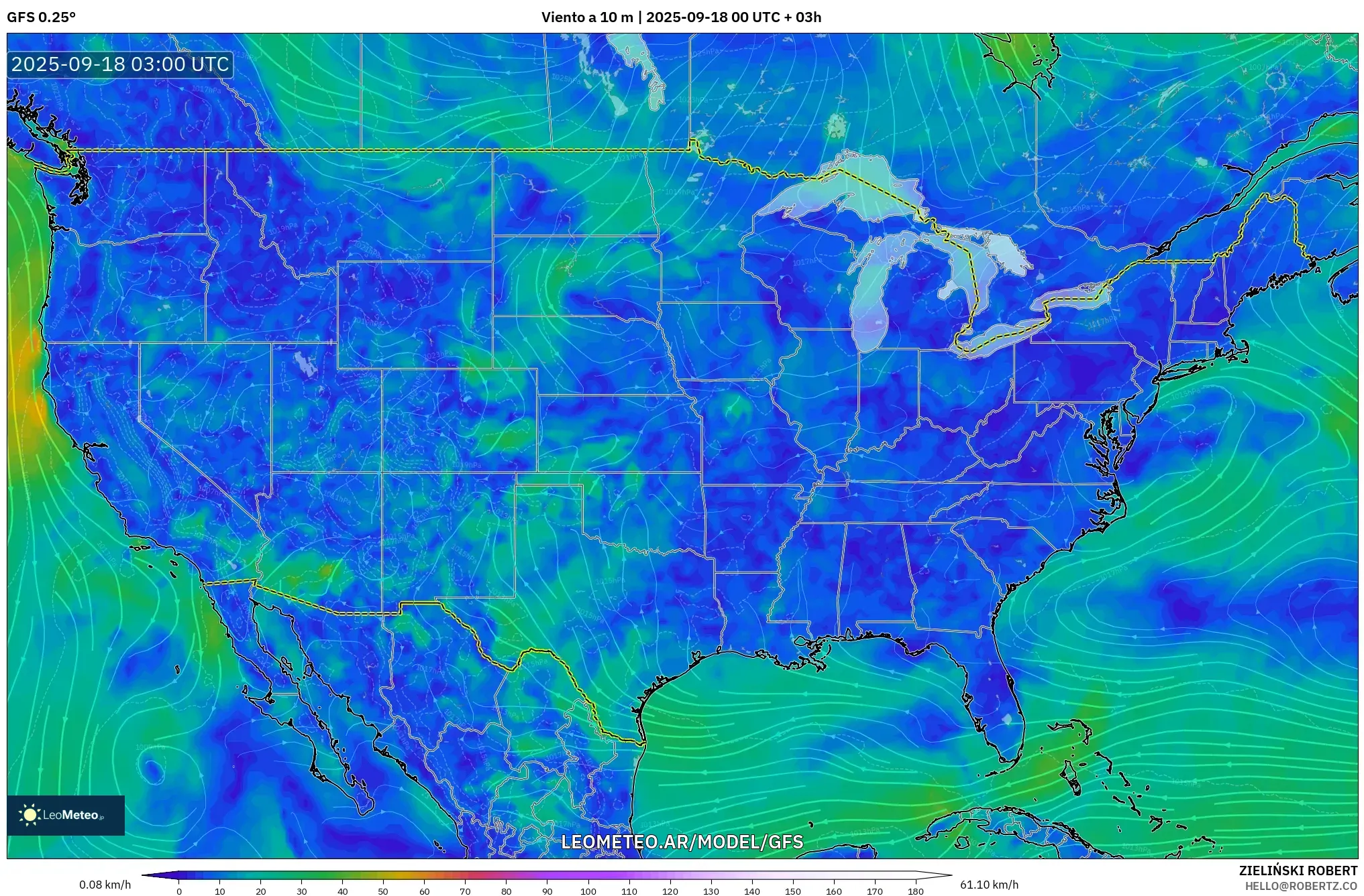 GFS model - Estados Unidos, Viento a 10 m
