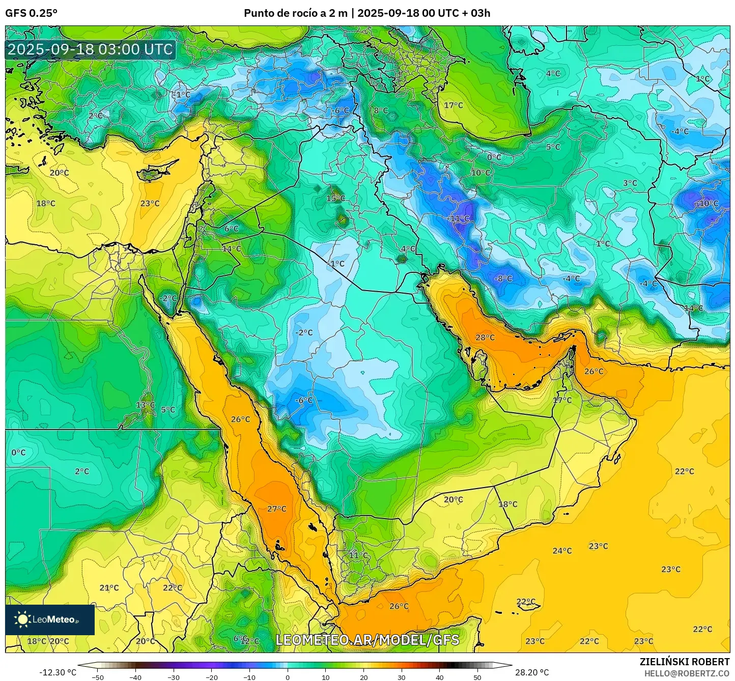 GFS model - Oriente Medio, Punto de rocío a 2 m