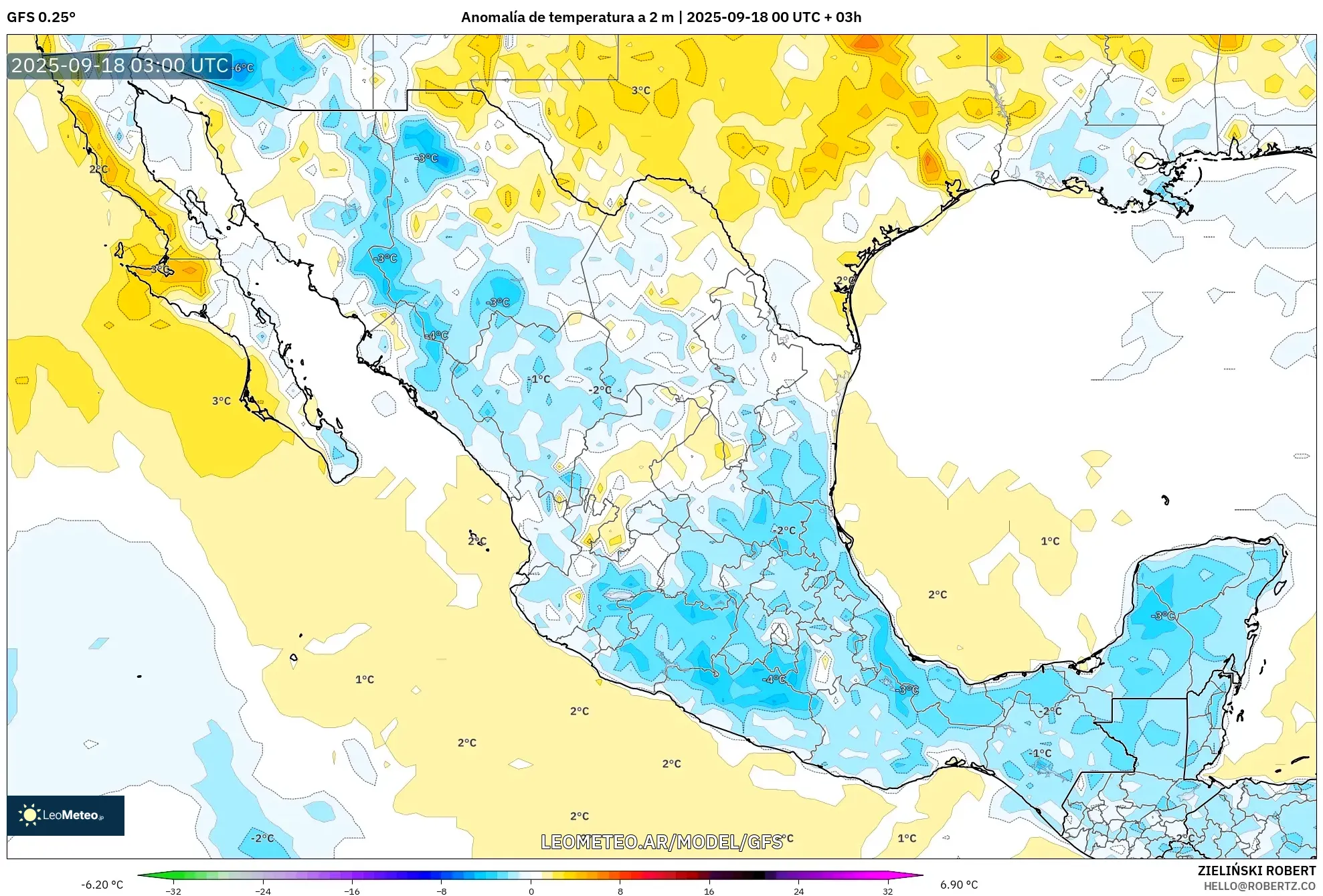 GFS model - México, Anomalía de temperatura a 2 m GFS model - México, Anomalía de temperatura a 2 m