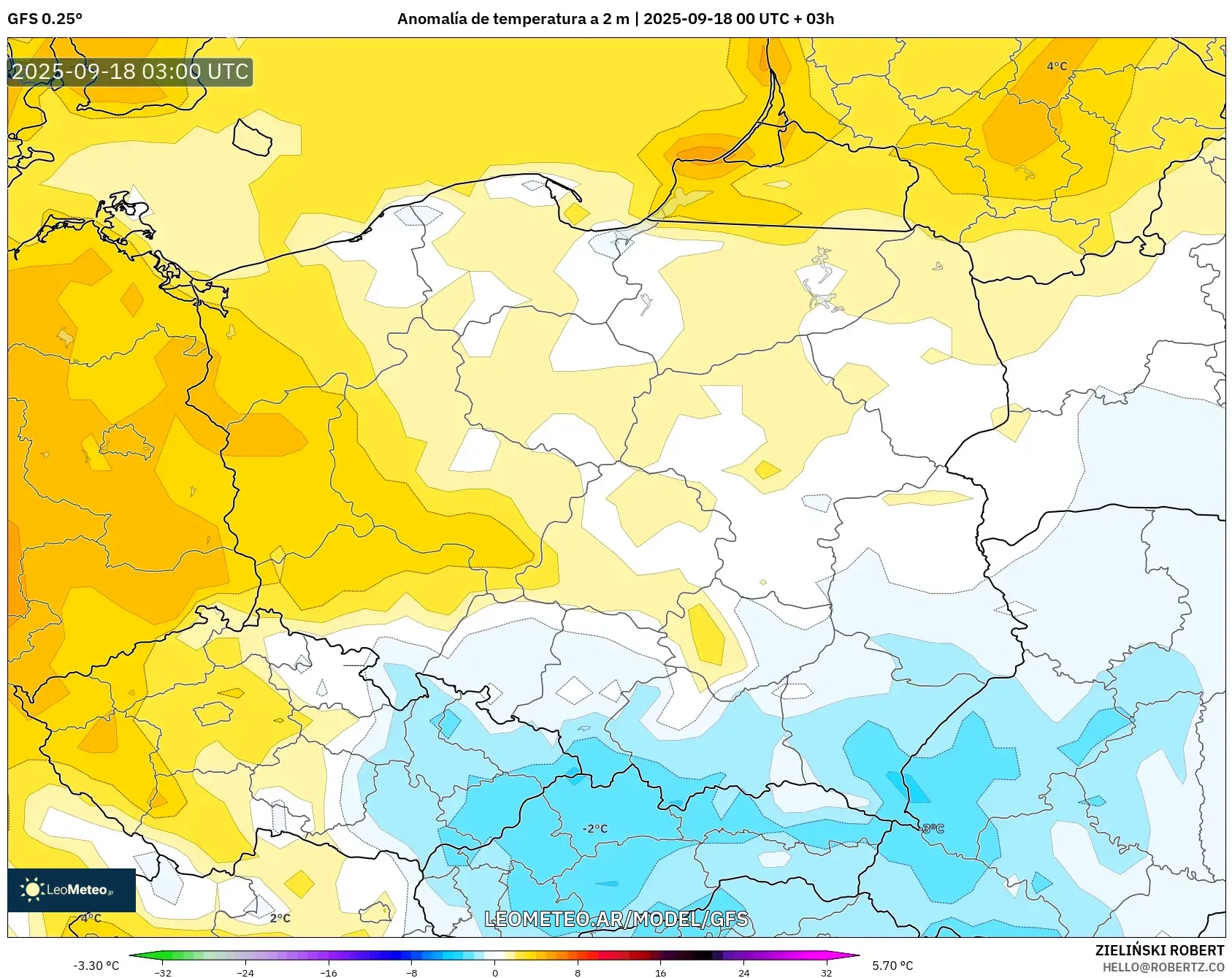 GFS model - Polonia, Anomalía de temperatura a 2 m