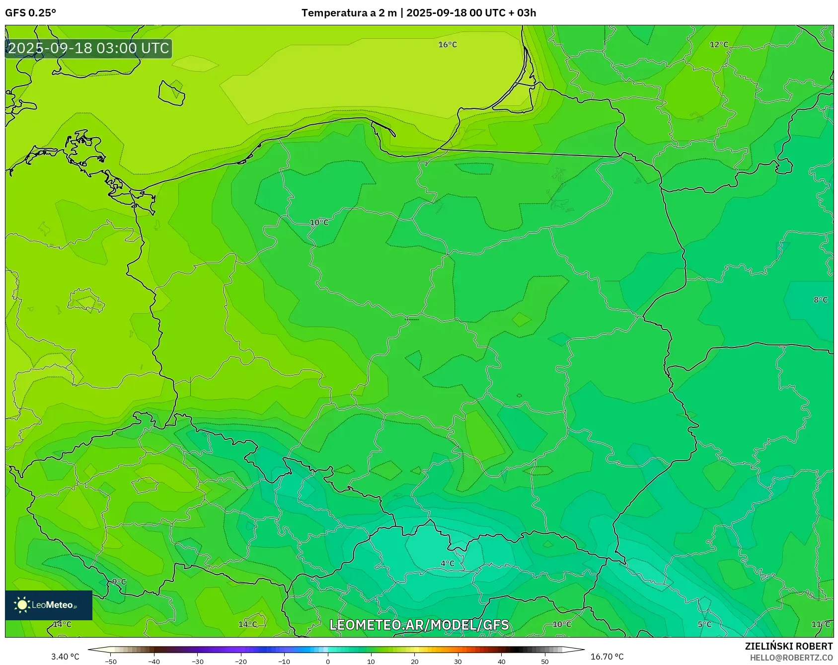 GFS model - Polonia, Temperatura a 2 m GFS model - Polonia, Temperatura a 2 m
