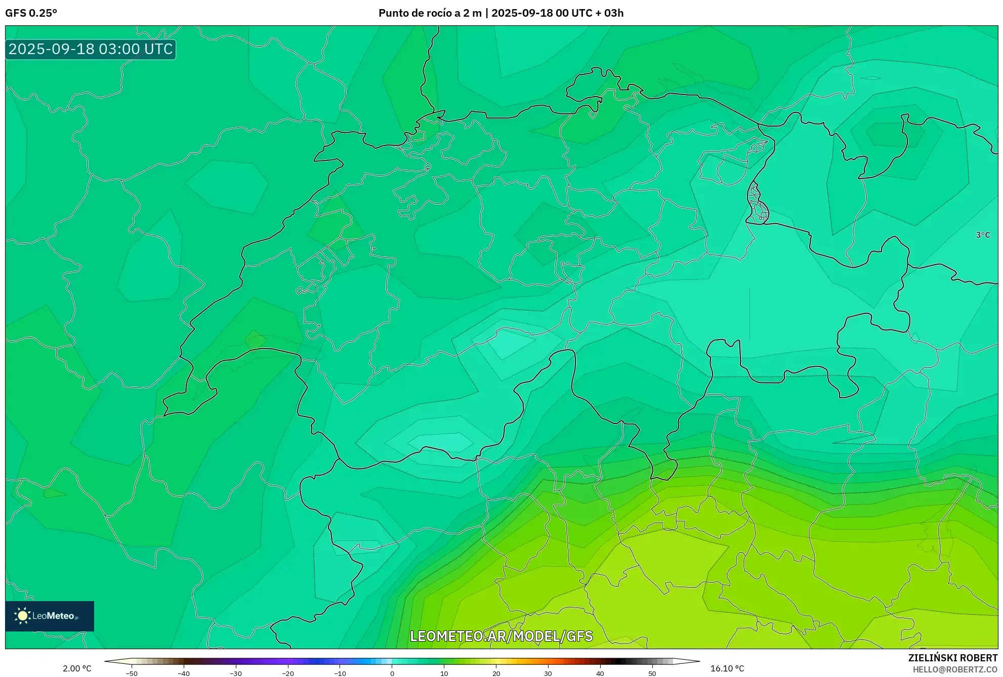 GFS model - Suiza, Punto de rocío a 2 m GFS model - Suiza, Punto de rocío a 2 m