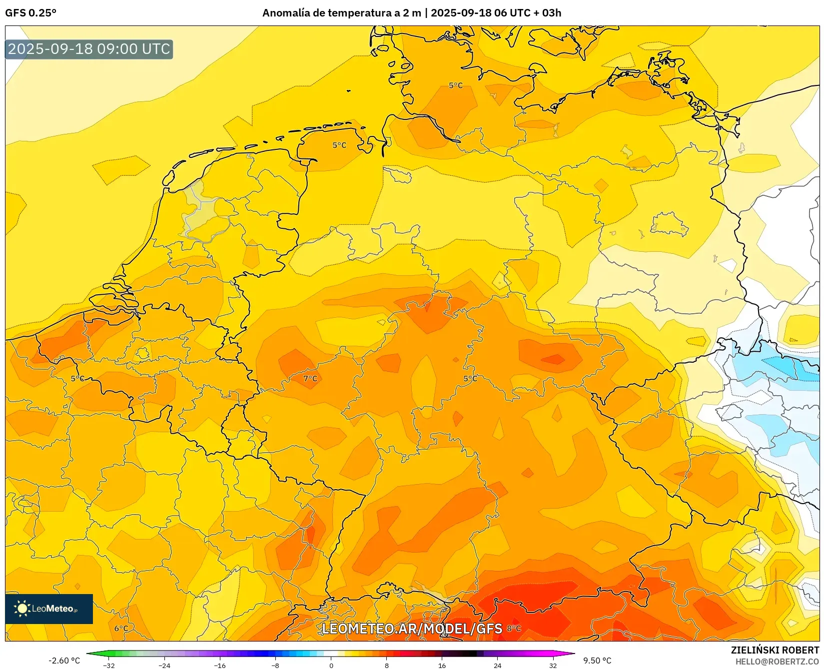 GFS model - Alemania, Anomalía de temperatura a 2 m