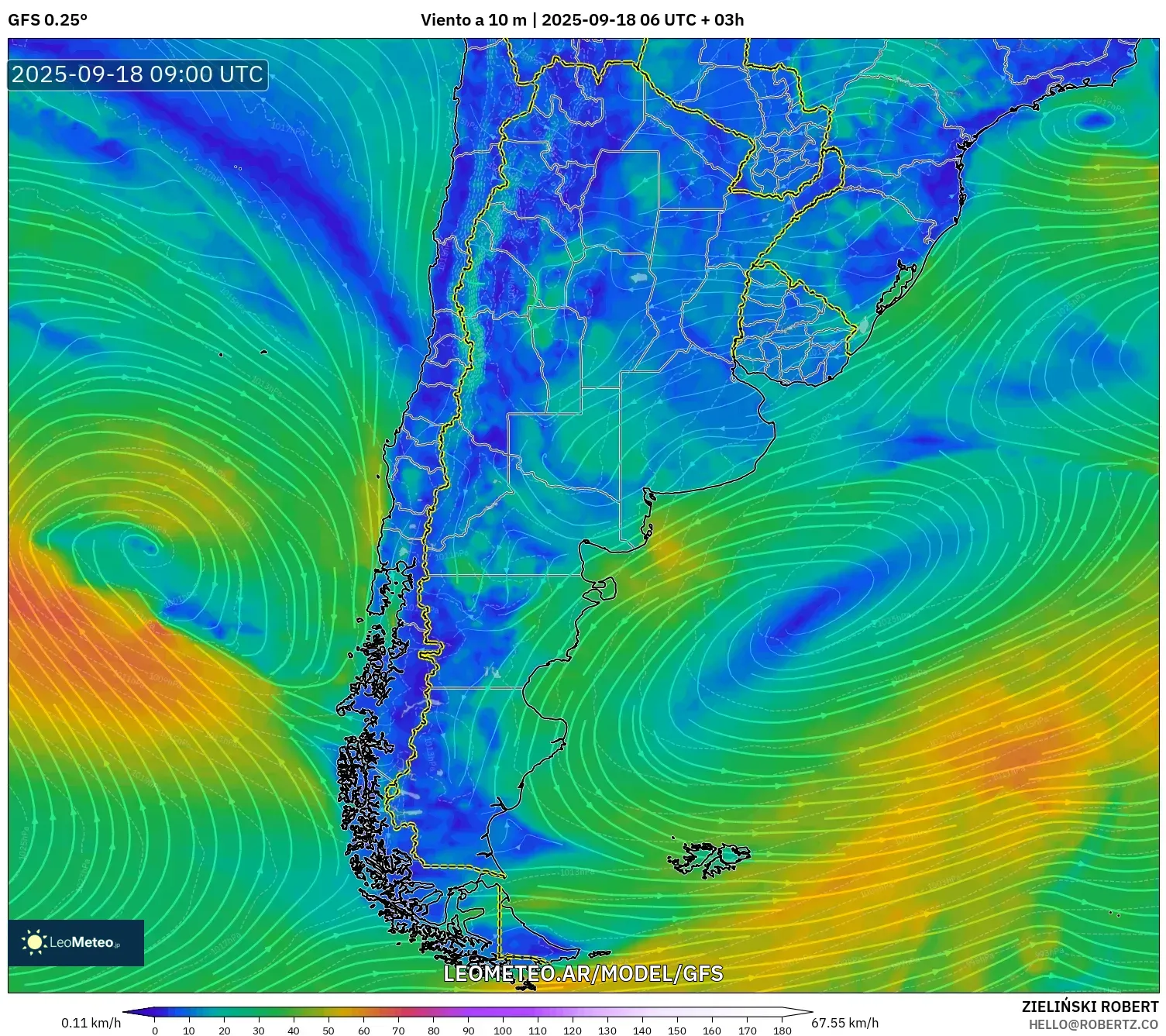 GFS model - Argentina, Viento a 10 m