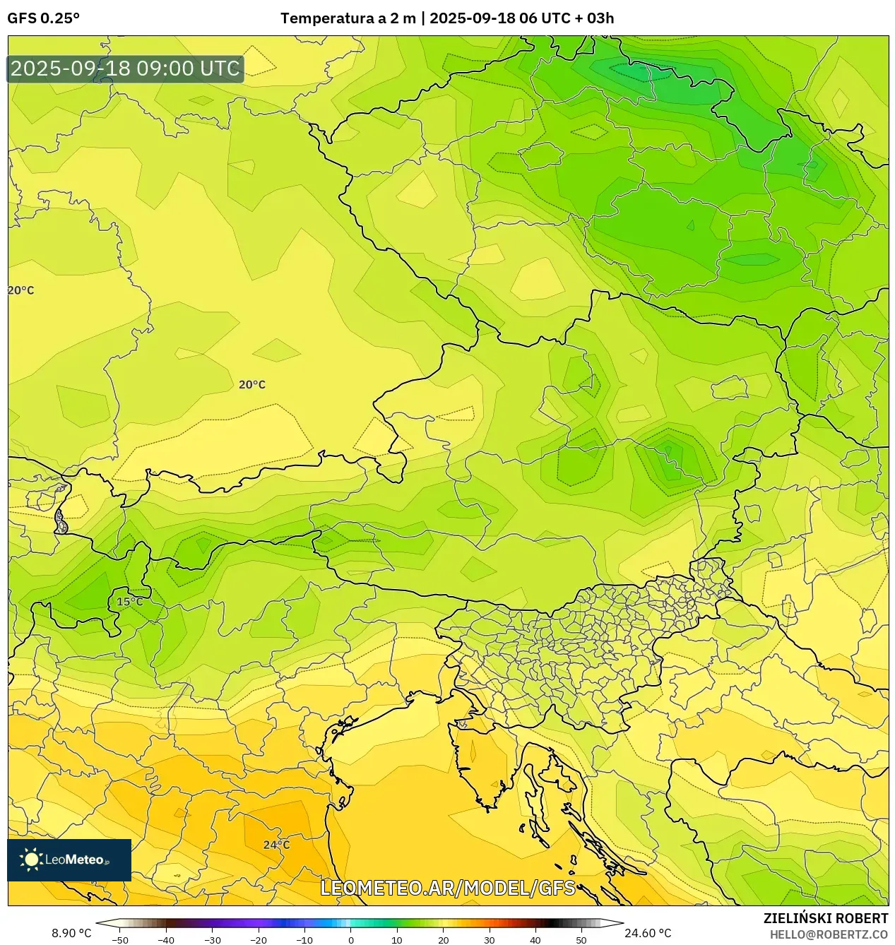 GFS model - Austria, Temperatura a 2 m