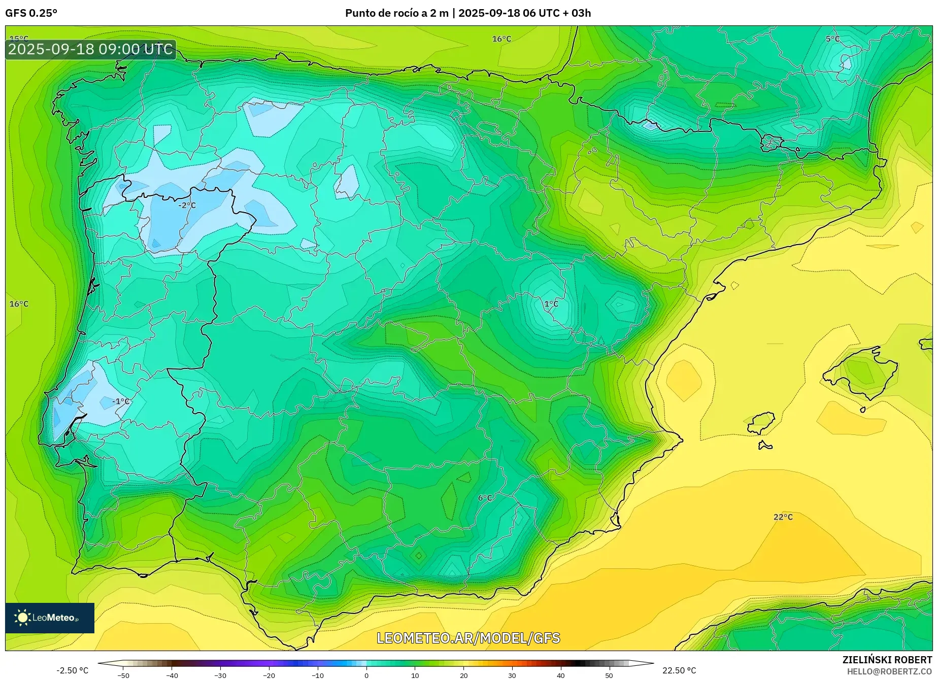 GFS model - España, Punto de rocío a 2 m
