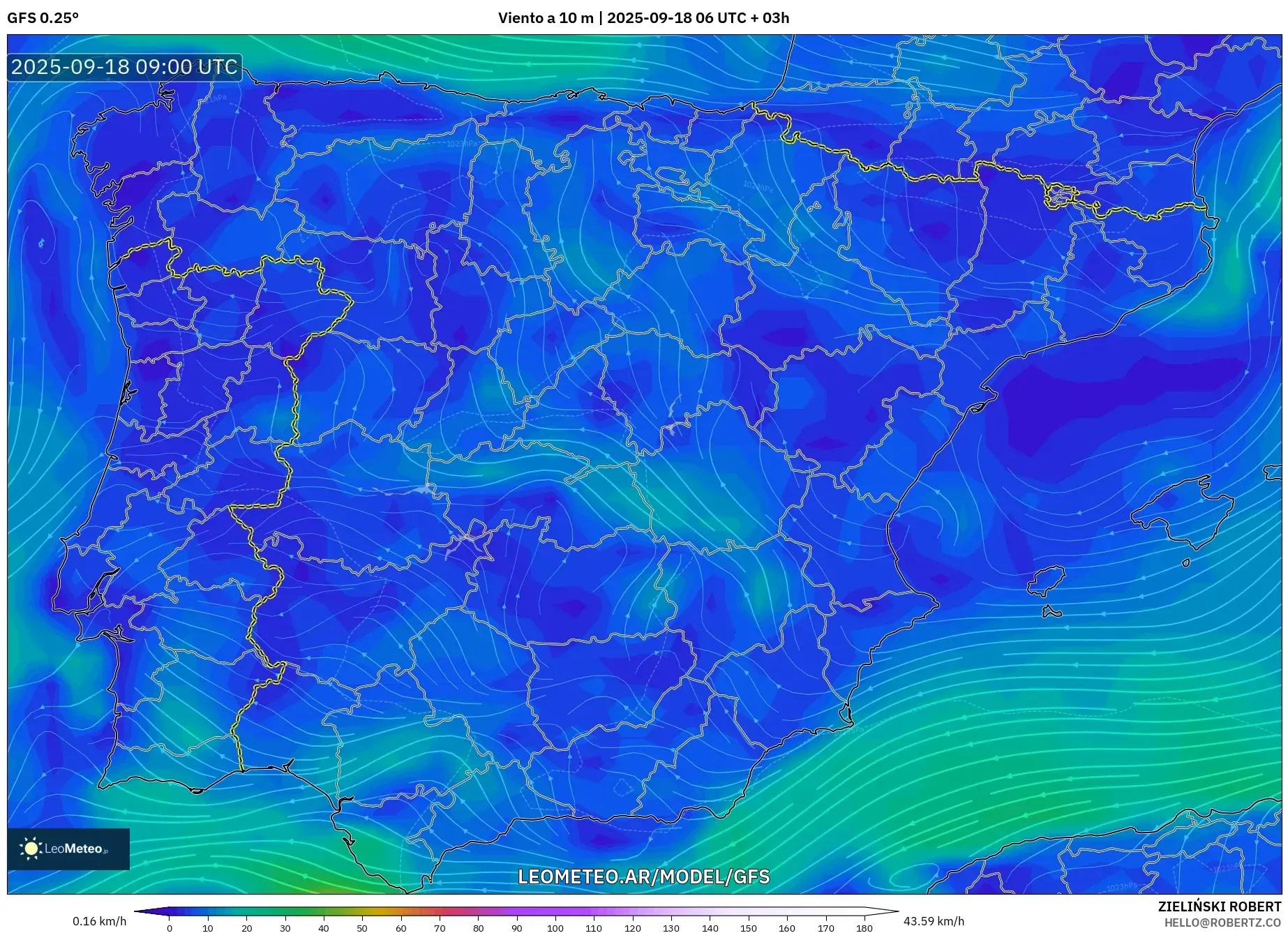 GFS model - España, Viento a 10 m