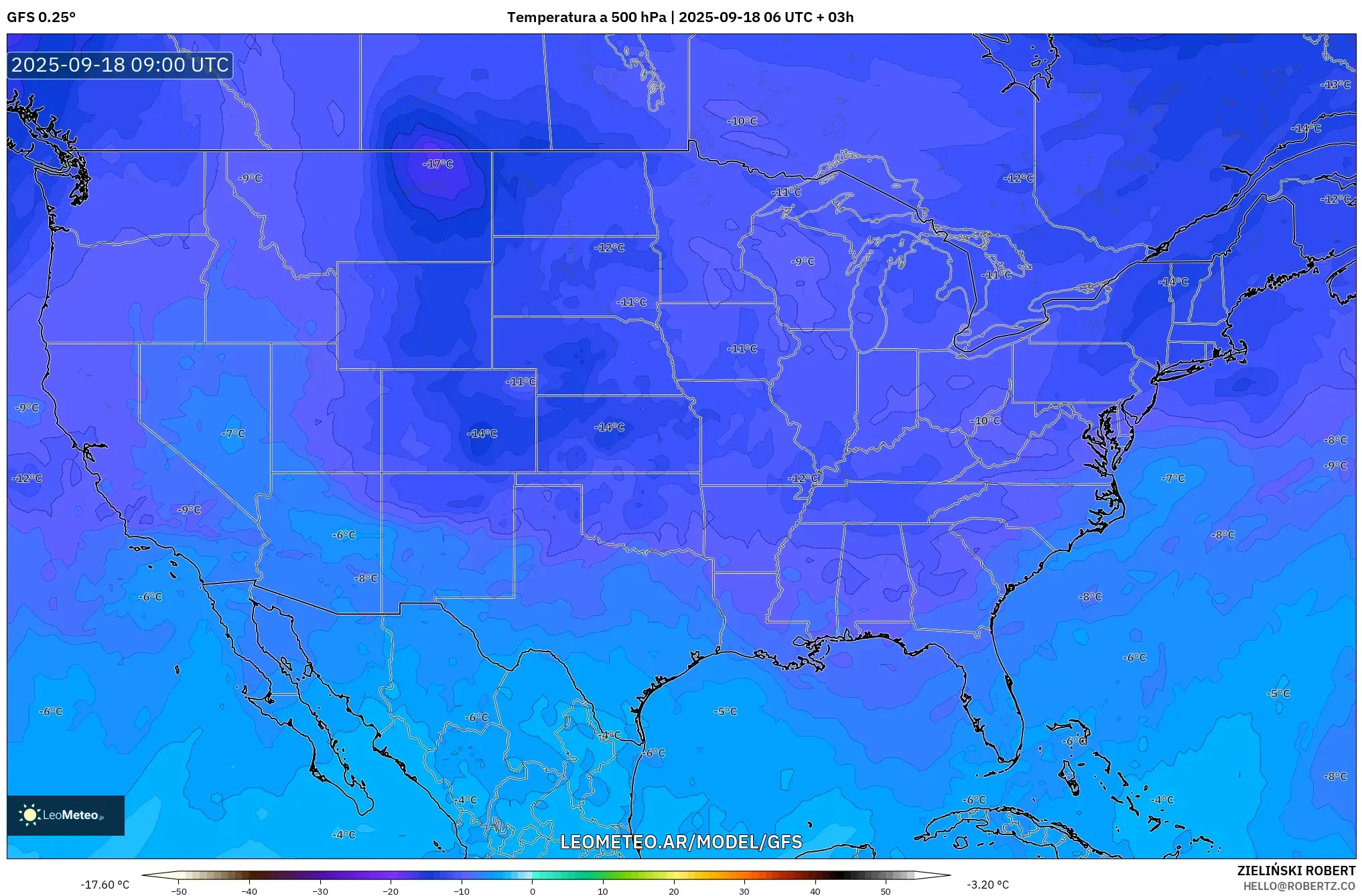 GFS model - Estados Unidos, Temperatura a 500 hPa