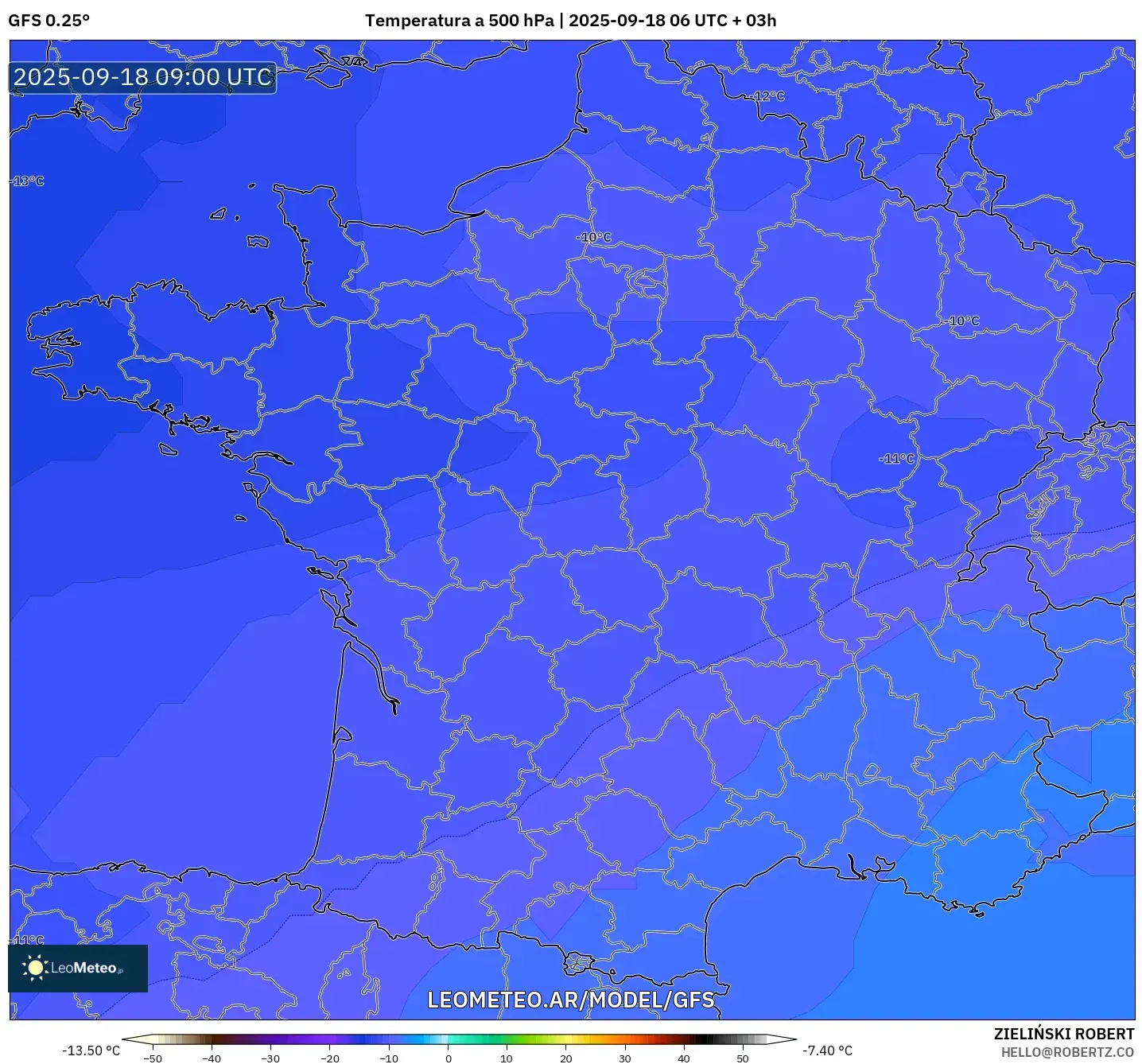 GFS model - Francia, Temperatura a 500 hPa
