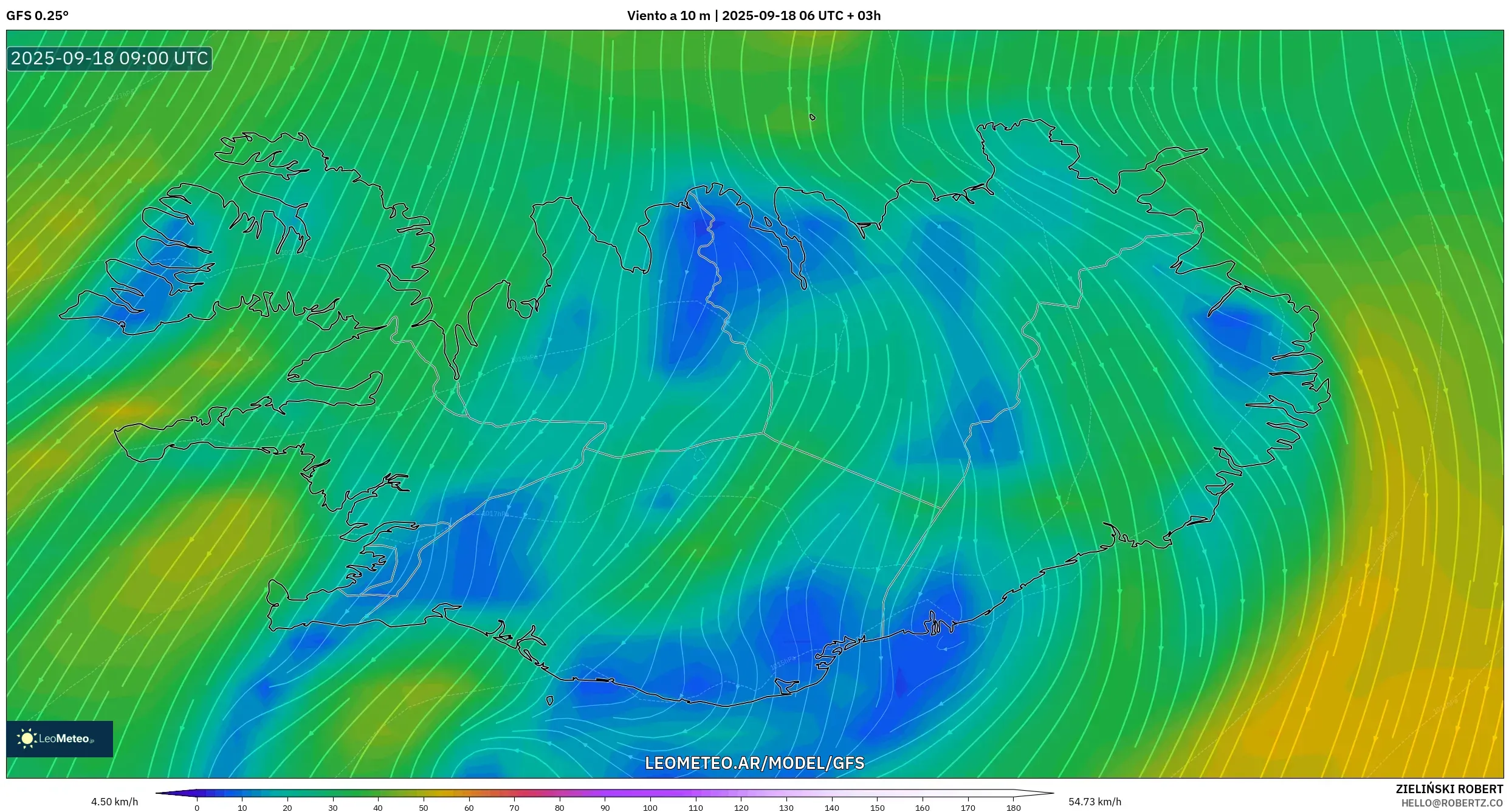 GFS model - Islandia, Viento a 10 m