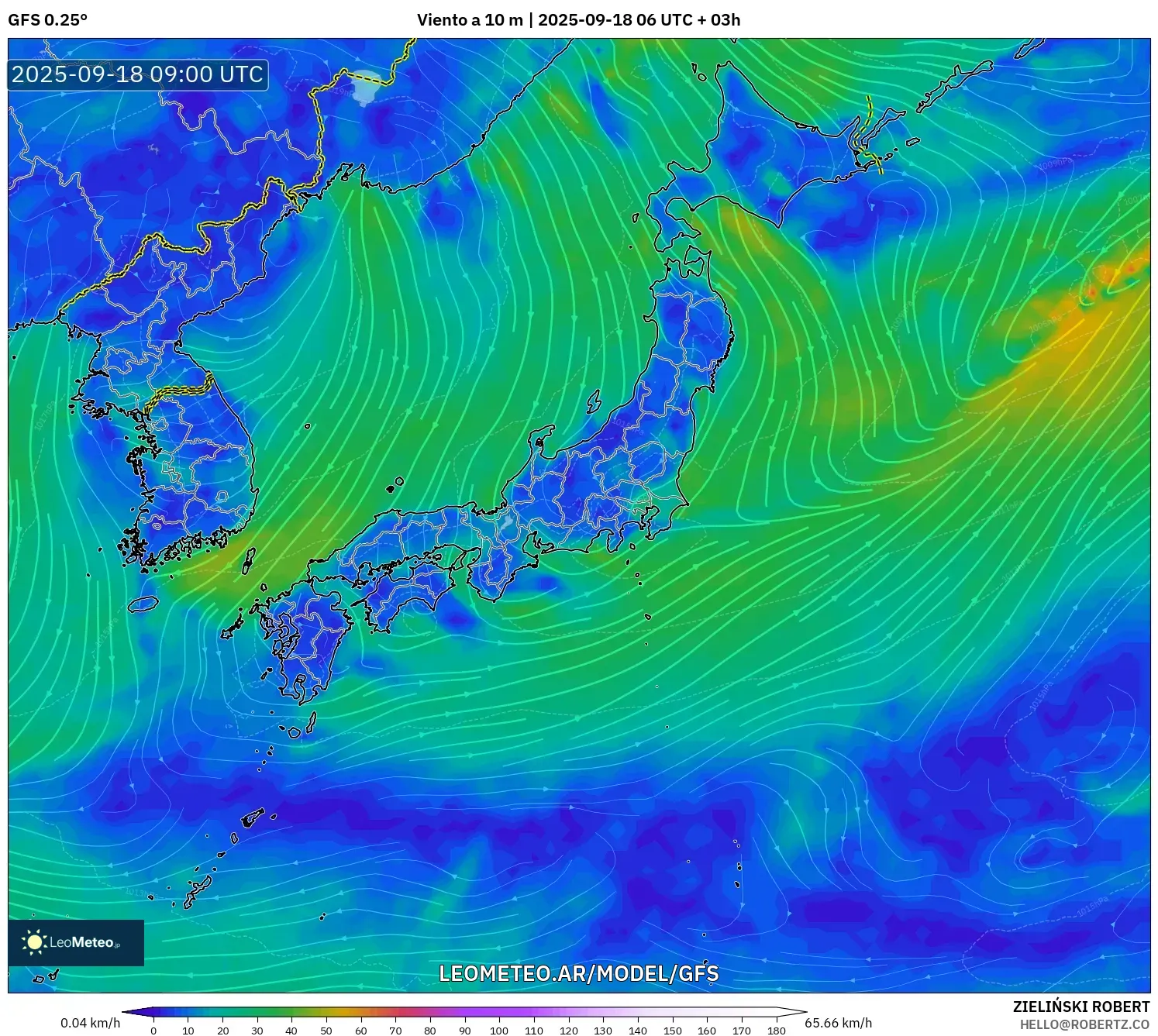 GFS model - Japón, Viento a 10 m