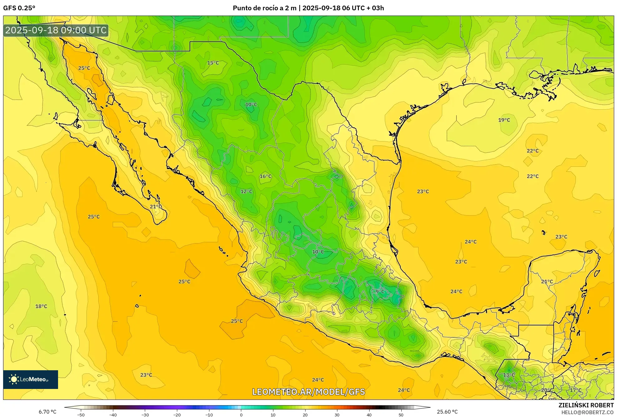 GFS model - México, Punto de rocío a 2 m