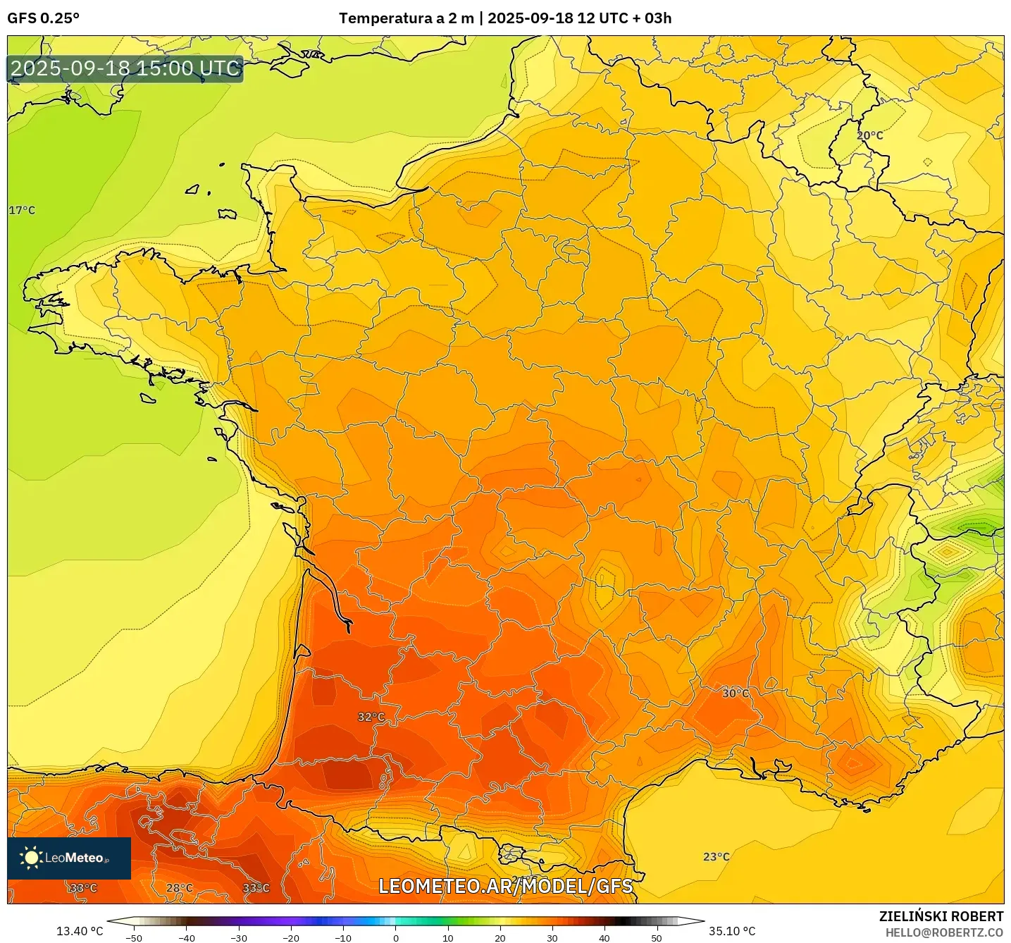 GFS model - Francia, Temperatura a 2 m