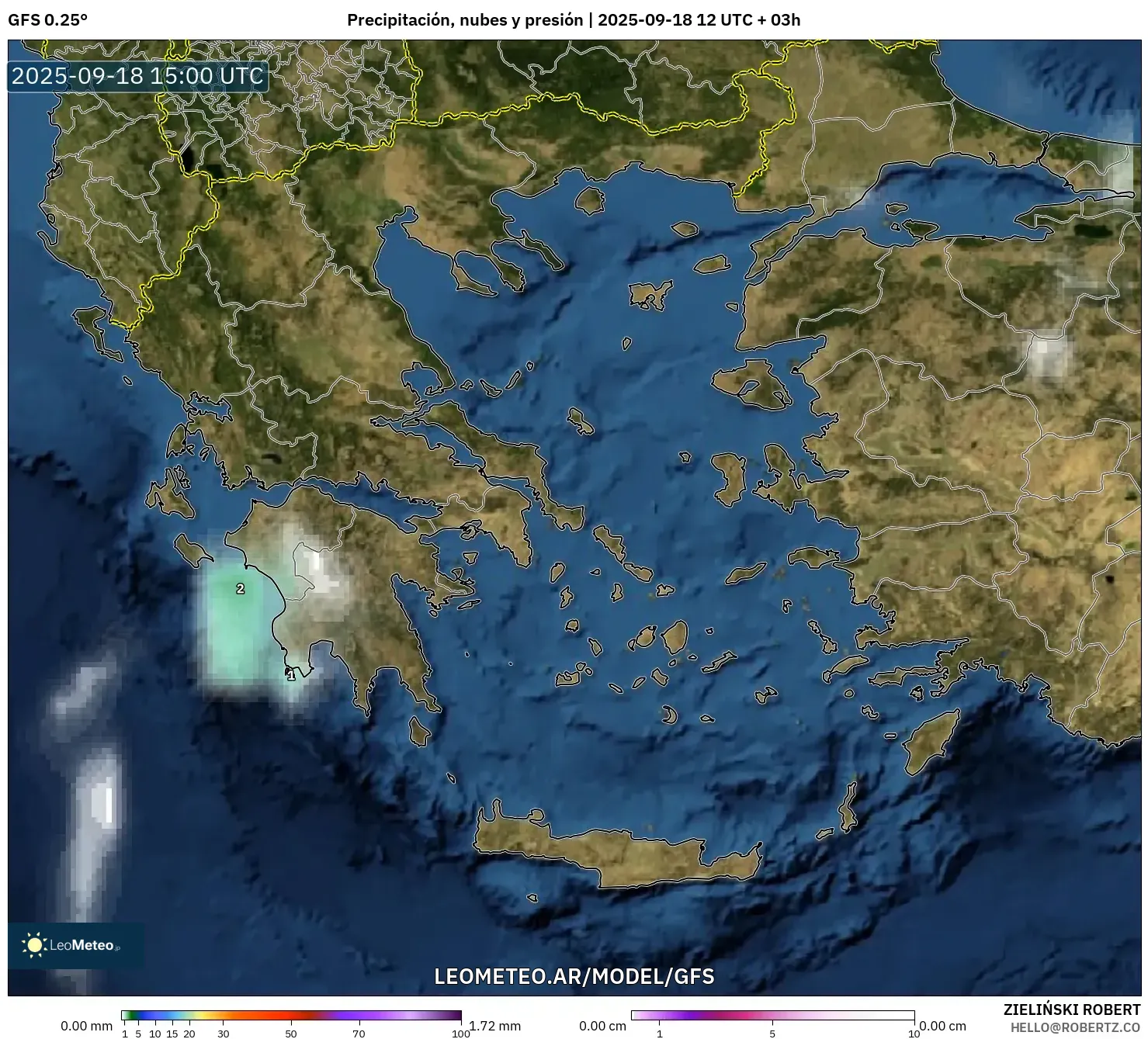 GFS model - Grecia, Precipitación, nubes y presión