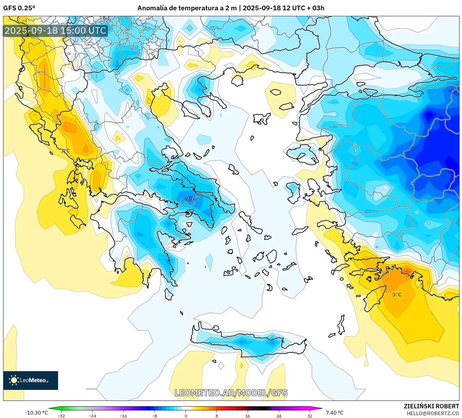 GFS model - Grecia, Anomalía de temperatura a 2 m