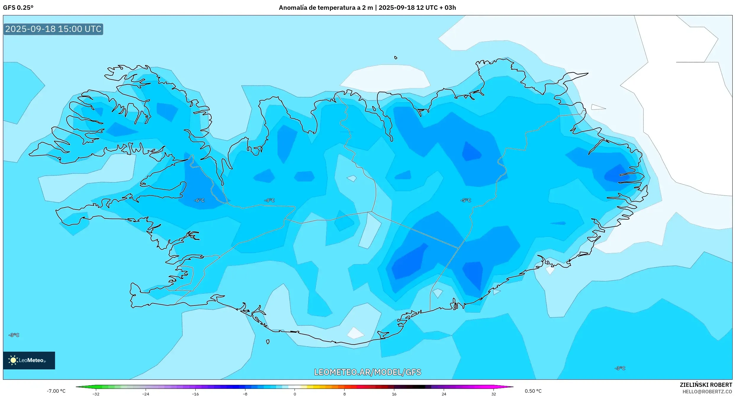 GFS model - Islandia, Anomalía de temperatura a 2 m