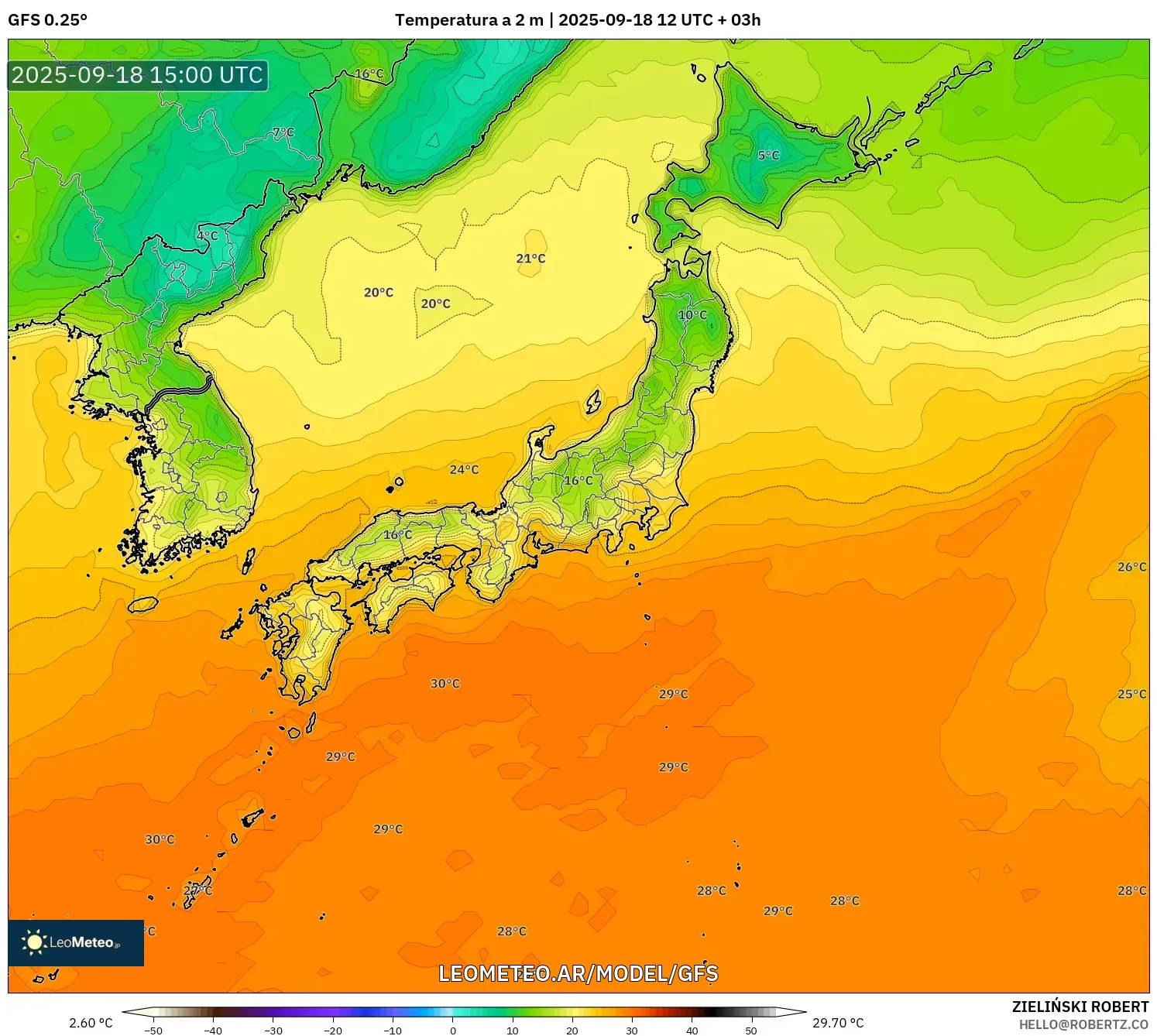 GFS model - Japón, Temperatura a 2 m