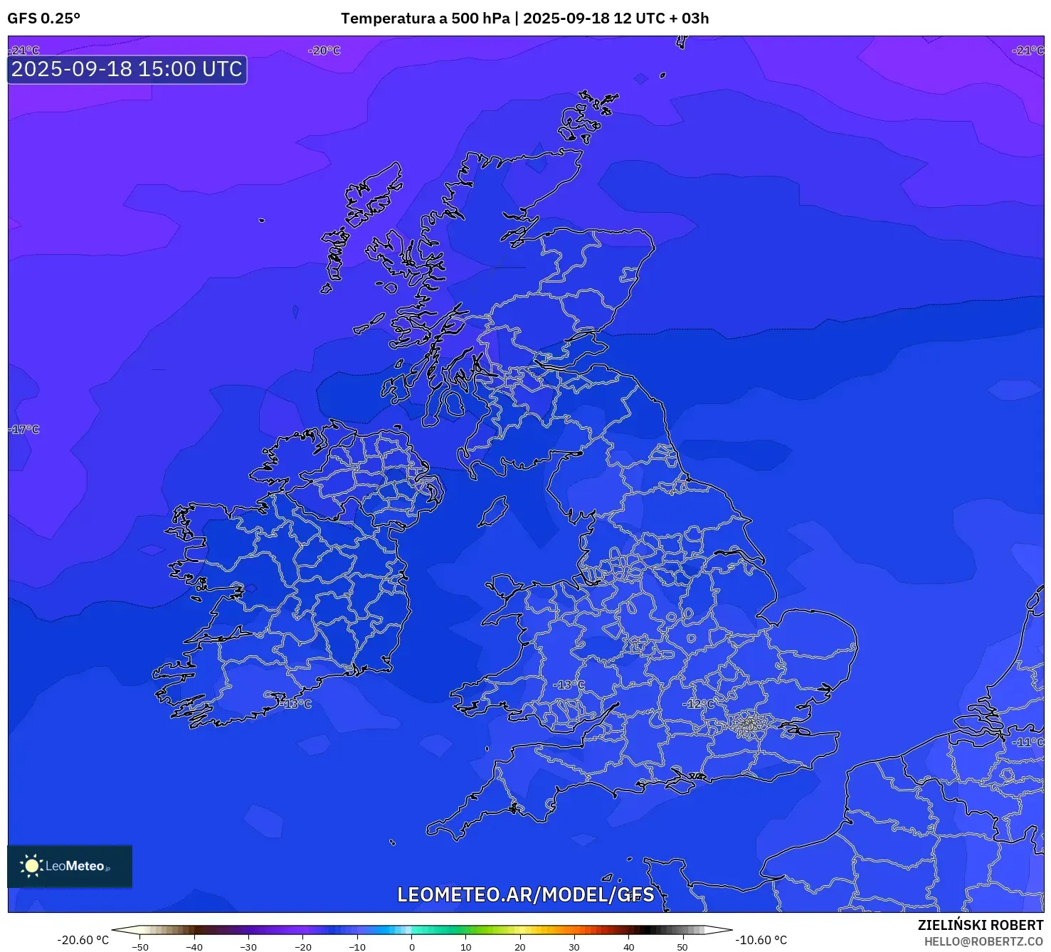 GFS model - Reino Unido, Temperatura a 500 hPa