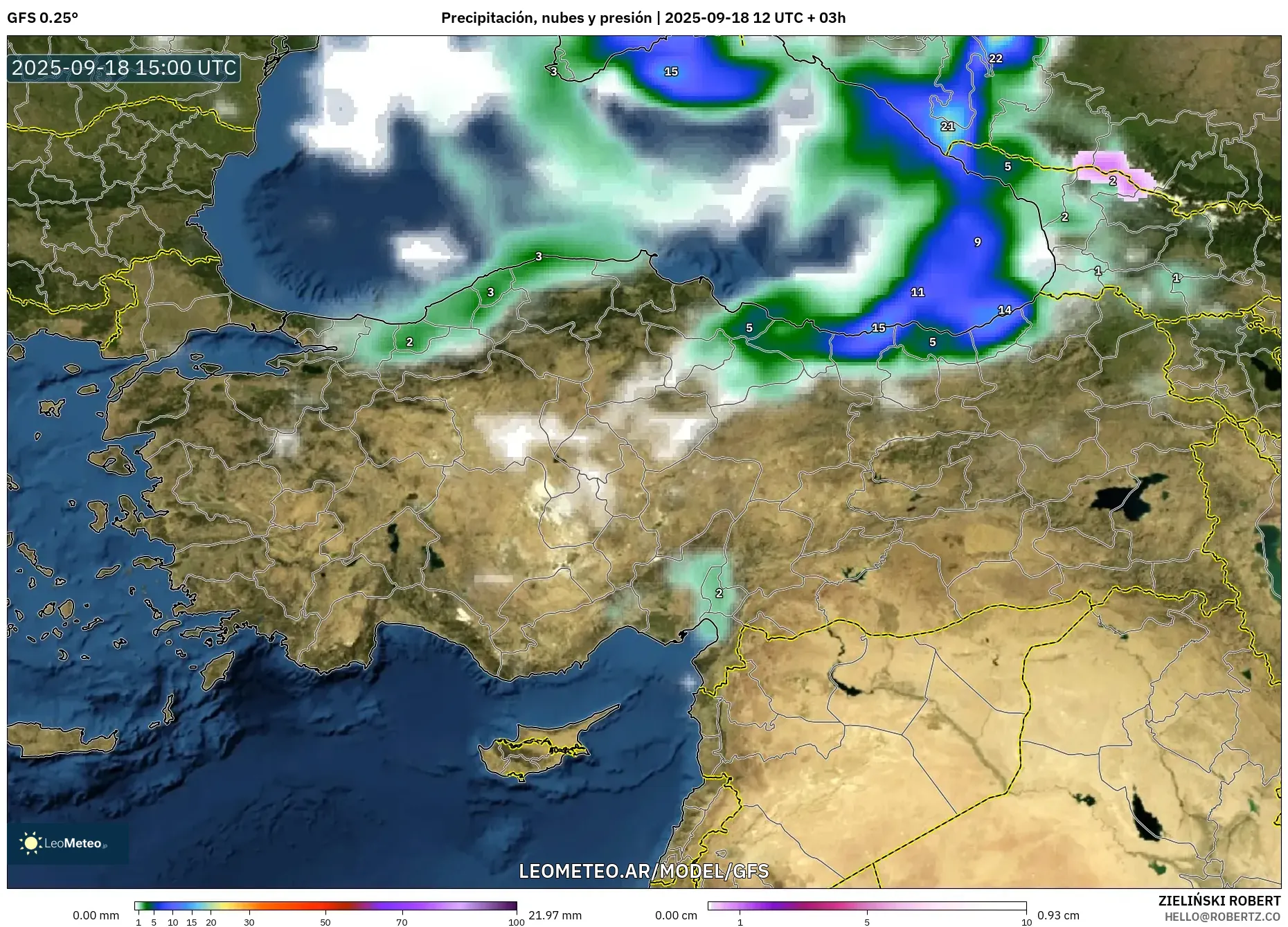 GFS model - Turquía, Precipitación, nubes y presión GFS model - Turquía, Precipitación, nubes y presión