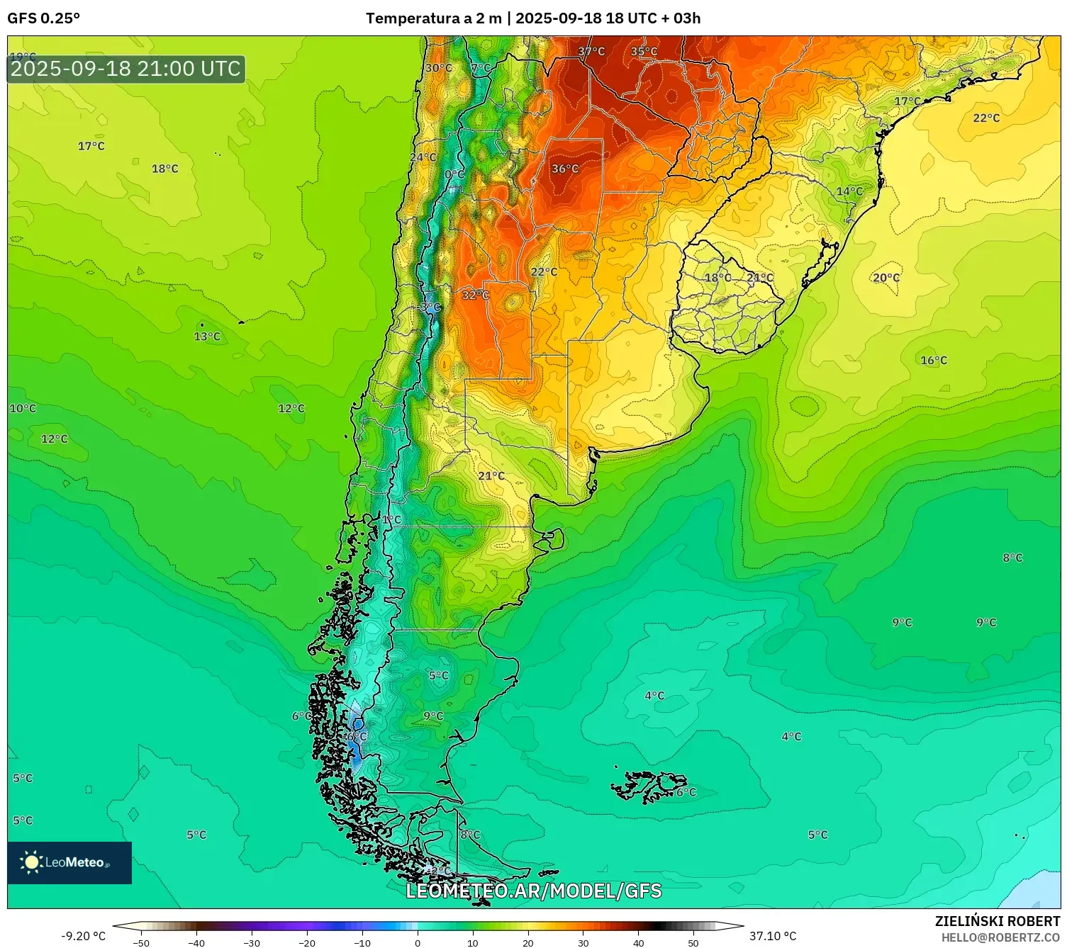 GFS model - Argentina, Temperatura a 2 m