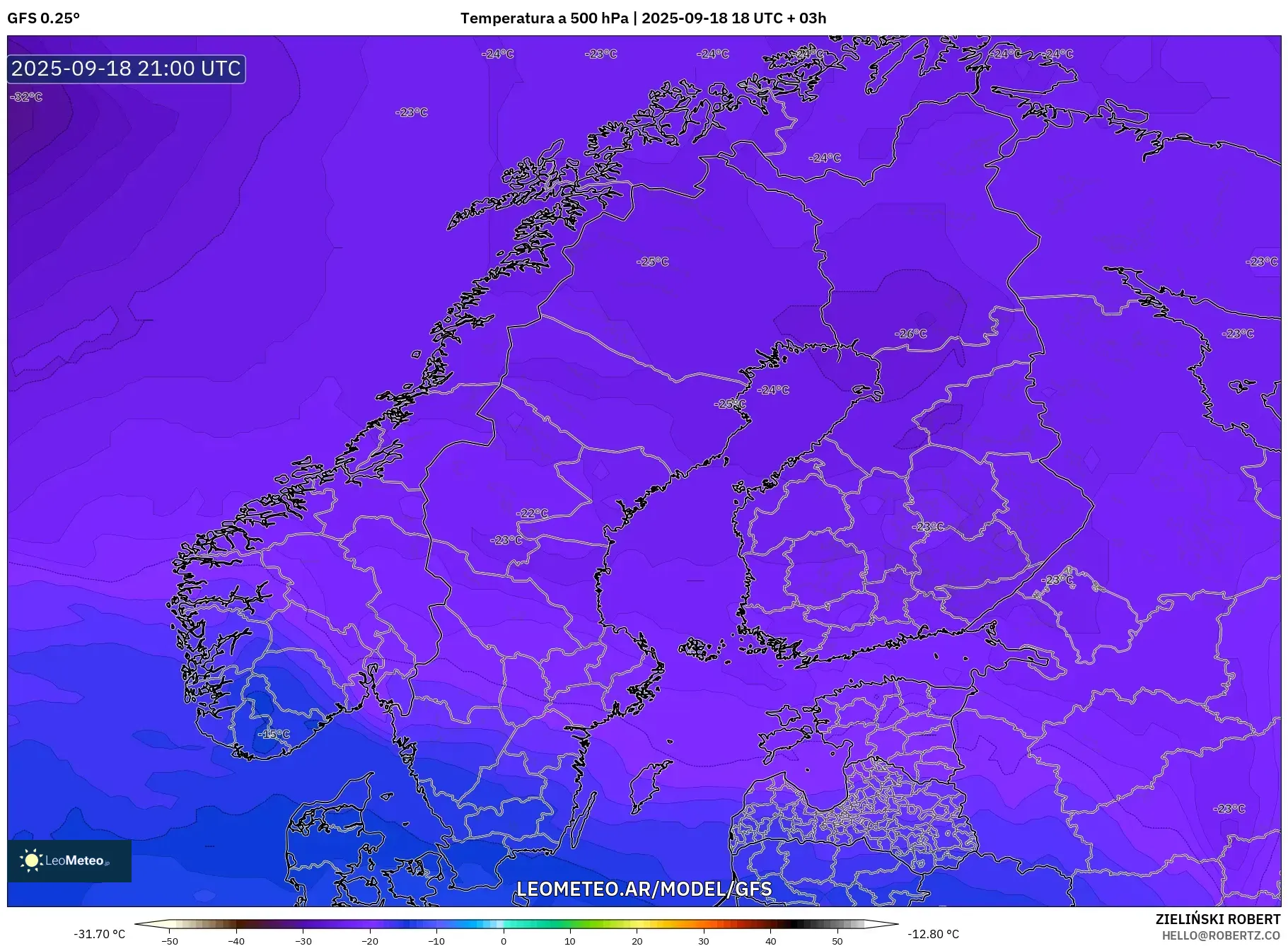GFS model - Escandinavia, Temperatura a 500 hPa