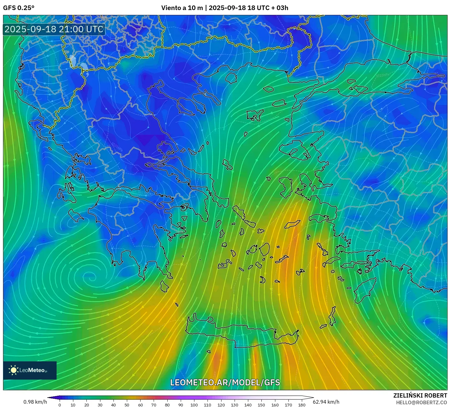 GFS model - Grecia, Viento a 10 m