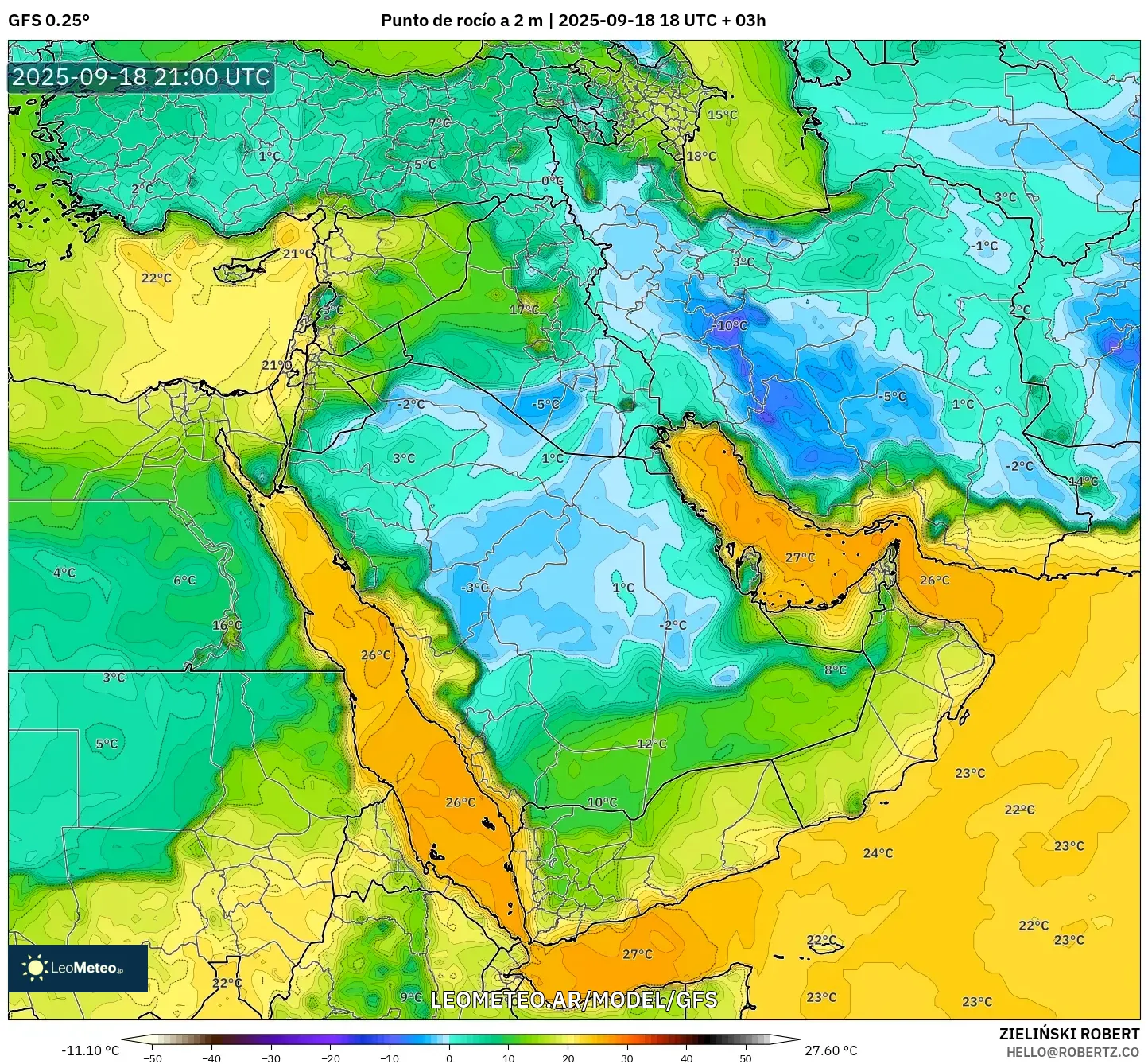 GFS model - Oriente Medio, Punto de rocío a 2 m