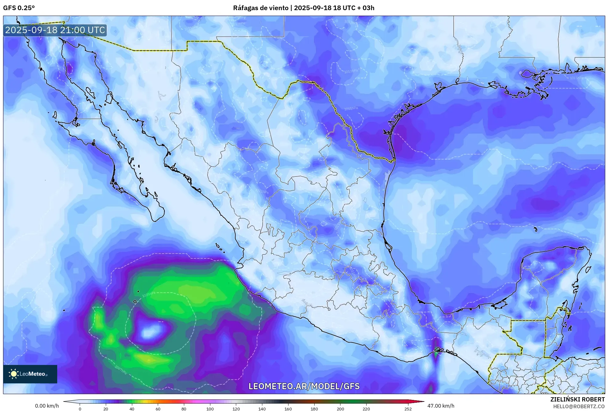 GFS model - México, Ráfagas de viento