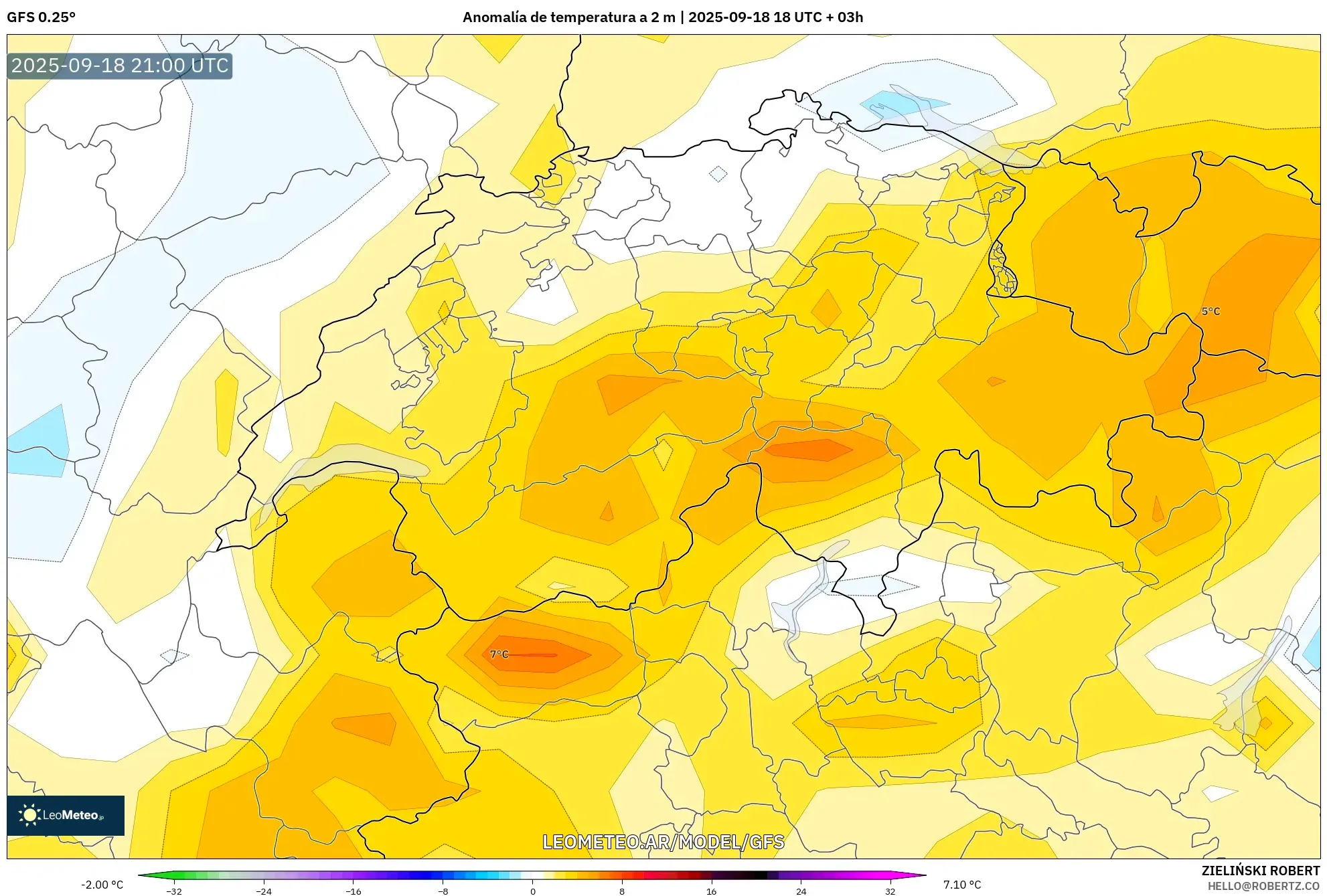 GFS model - Suiza, Anomalía de temperatura a 2 m GFS model - Suiza, Anomalía de temperatura a 2 m