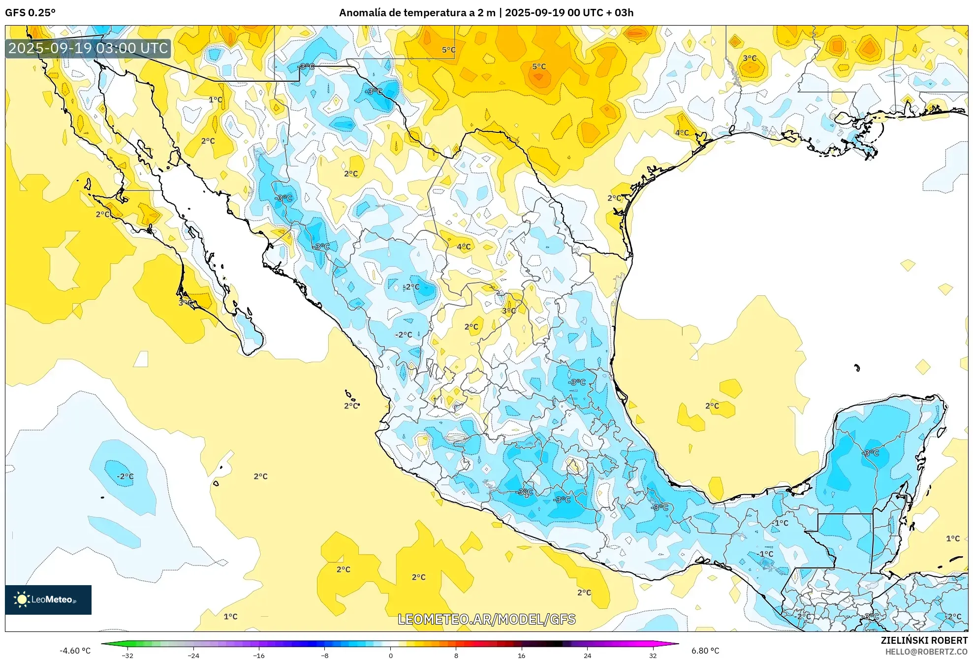 GFS model - México, Anomalía de temperatura a 2 m